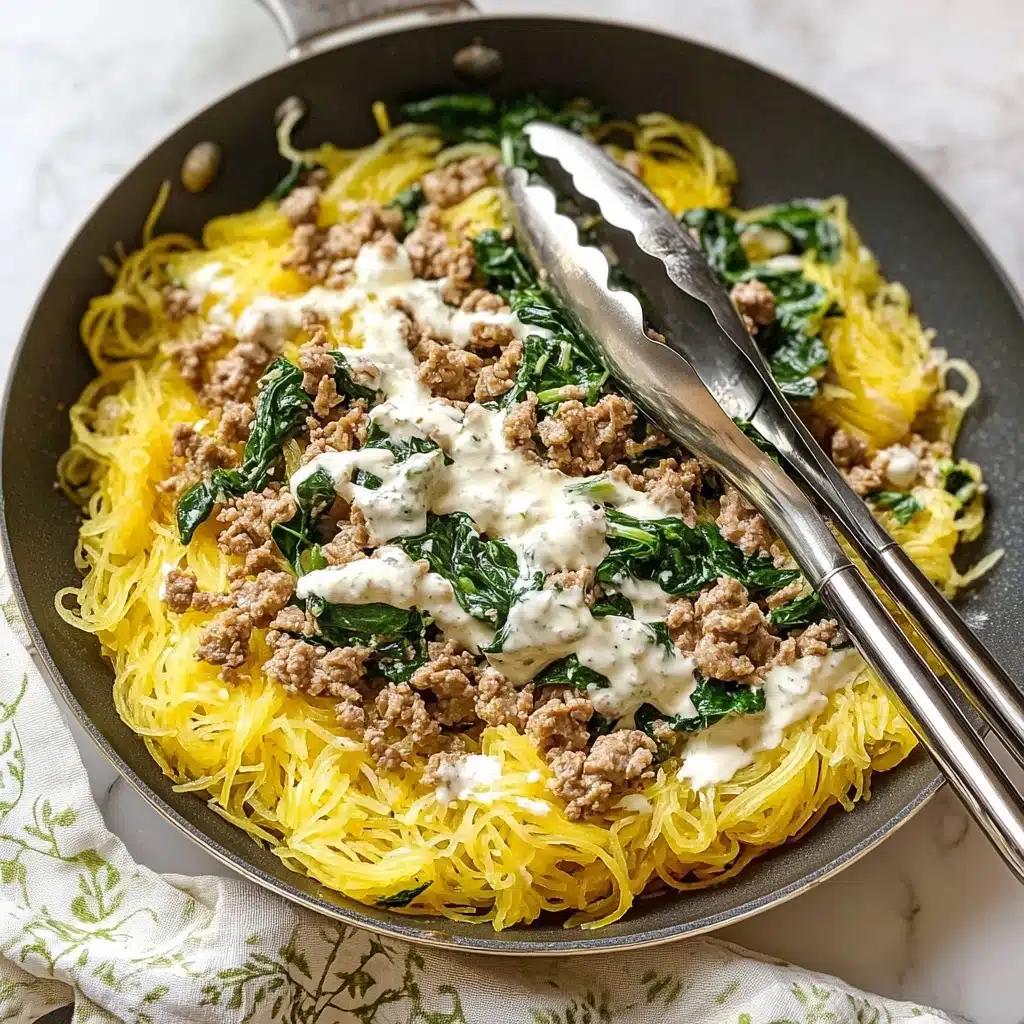 Spaghetti Squash Casserole Ground Turkey Spinach Gruyere, healthy spaghetti squash casserole with ground turkey and cheese, easy low-carb casserole with spinach and turkey, comforting baked spaghetti squash dish, wholesome gluten-free turkey spinach casserole The image shows a pan with yellow strands of cooked spaghetti squash forming the base layer, soft and slightly stringy. On top, there is a layer of crumbled cooked meat with a light brown color, mixed with wilted bright green spinach leaves. A white sauce is drizzled unevenly over the meat and spinach, adding creaminess to the dish. Two silver tongs are placed inside the pan, partly lifting some of the squash strands. The pan is set on a white marbled surface with a light beige cloth that has a simple green floral pattern below it.