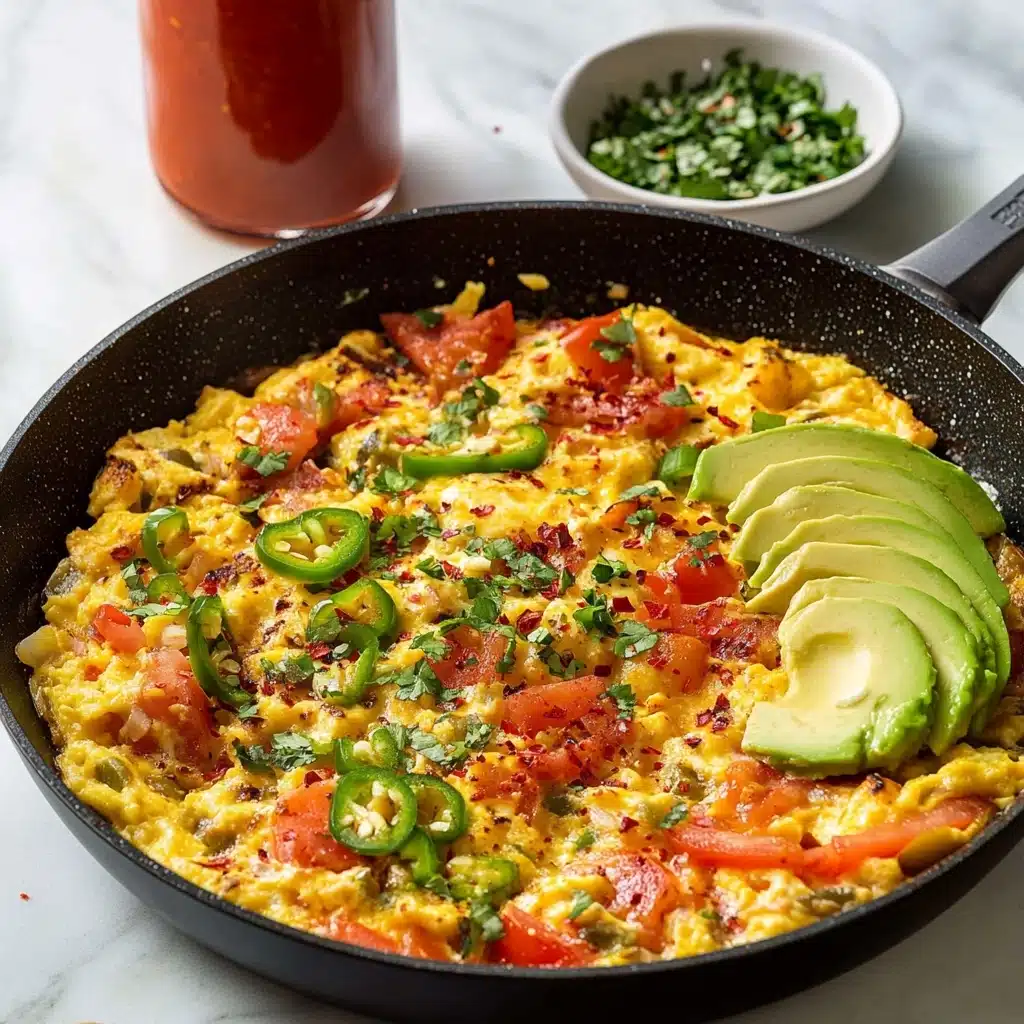Mexican Scrambled Eggs with Crispy Tortillas, Mexican scrambled eggs, crispy tortilla breakfast, easy Mexican eggs recipe, savory scrambled eggs with tortillas A large black pan filled with a colorful scrambled egg dish that has chopped red tomatoes, sliced green jalapeños, and bits of red pepper mixed throughout the yellow eggs. On the right side, three slices of pale green avocado are layered neatly on top. The dish is sprinkled with chopped green herbs and red chili flakes. Behind the pan, there is a tall red sauce bottle and a small white bowl filled with red chili flakes, all placed on a white marbled surface.