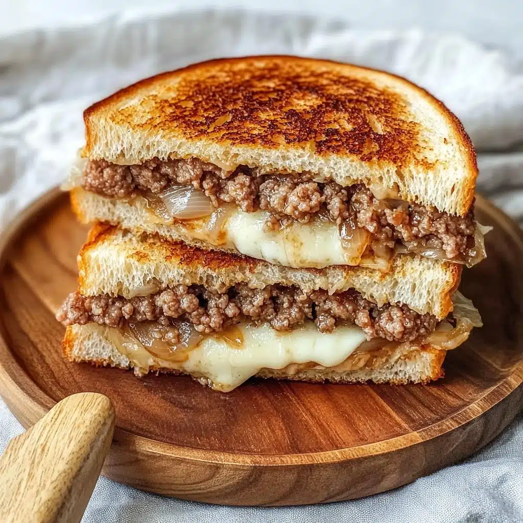 Classic Patty Melt Sandwich, Patty Melt Sandwich, cheeseburger sandwich, grilled onion melt, easy comfort food The image shows a sandwich cut in half and stacked, placed on a white plate with a wooden texture effect. The sandwich has three visible layers: a golden-brown toasted bread on the top and bottom with a slightly crispy texture, a thick, juicy brown meat patty in the middle, and melted white cheese covering the meat. Inside the sandwich, caramelized onions with a light brown, slightly translucent look are layered under the cheese and on top of the bottom bread slice. The scene is set on a white marbled surface with some blurred jars and a plant in the background.