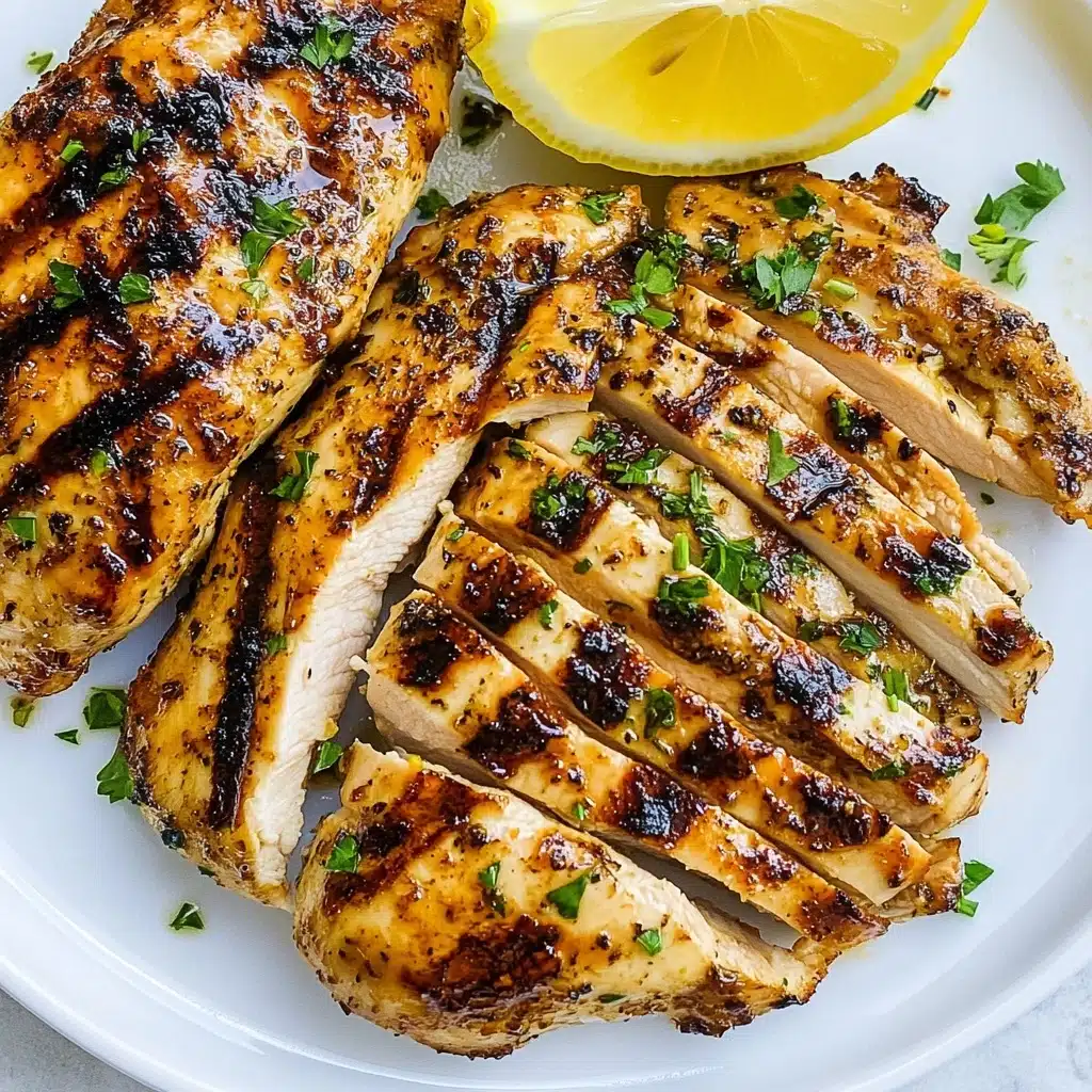 Grilled Juicy Ginger-Lemon Chicken, chicken marinade ideas, lemon garlic grilled chicken, easy summer chicken recipes, healthy grilled chicken A white plate holds two grilled chicken pieces with a shiny, golden-brown outside and some dark grill marks. One piece is whole and thick, while the other is sliced into even strips showing the light cooked inside. Both have small green parsley bits sprinkled over them. A bright yellow lemon wedge with green parsley sits on top of the sliced chicken. The plate and chicken rest on a white marbled surface.