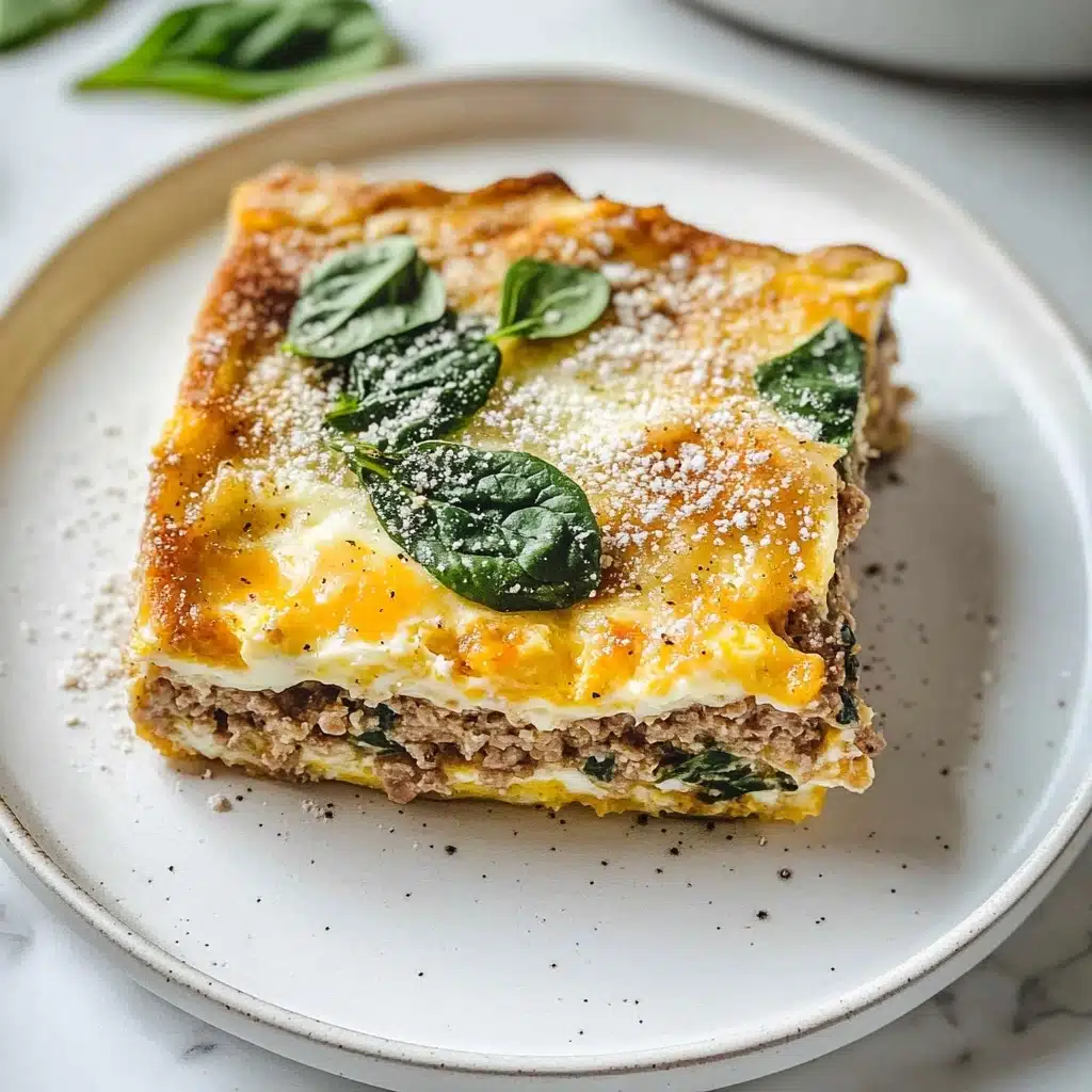 Turkey and Egg Breakfast Casserole, healthy breakfast casserole, make-ahead breakfast recipes, protein-packed breakfast, hearty breakfast ideas A square piece of baked egg dish on a white plate sits on a white marbled surface. The dish has three visible layers: a bottom light brown layer that looks like cooked ground meat, a middle thick pale yellow egg layer with small air holes, and a top golden brown layer with a lightly crispy texture. On top, there are fresh green spinach leaves scattered, along with a dusting of white grated cheese. The edges of the dish are slightly browned, giving a baked look.