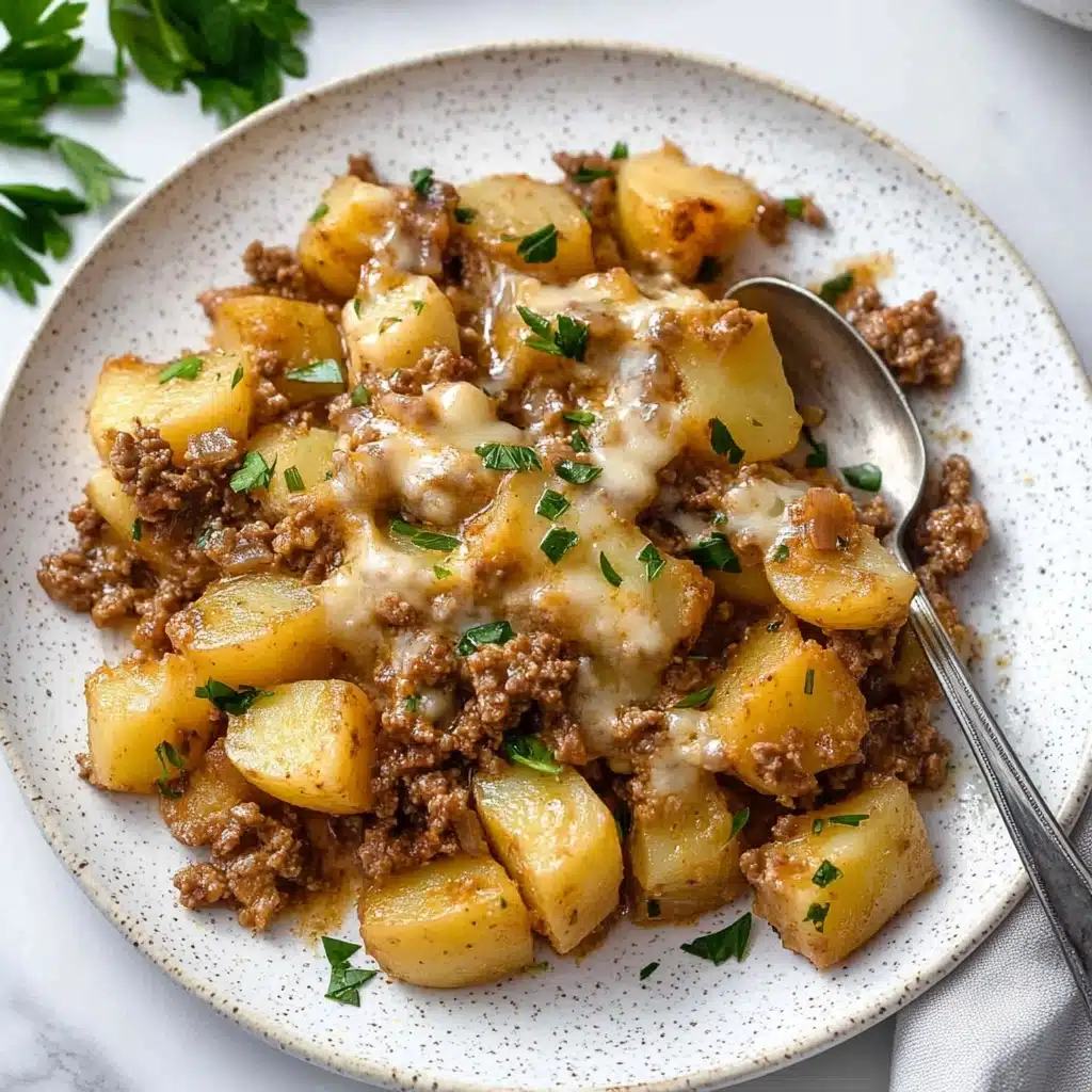 Cheesy Ground Beef and Potatoes, ground beef and potatoes casserole, cheesy beef and potato skillet, hearty comfort food recipes, quick ground beef dinner A white speckled plate holds a dish made of many small, uneven cubed potatoes with brown skin and soft yellow inside, mixed with ground meat that looks cooked and browned, all covered in a glossy sauce with melted cheese scattered throughout. Small bits of green herb garnish are sprinkled on top, adding touches of bright green. A silver spoon rests on the right side of the plate, partially submerged in the food, and a sprig of fresh green parsley is on the white marbled surface in the background.