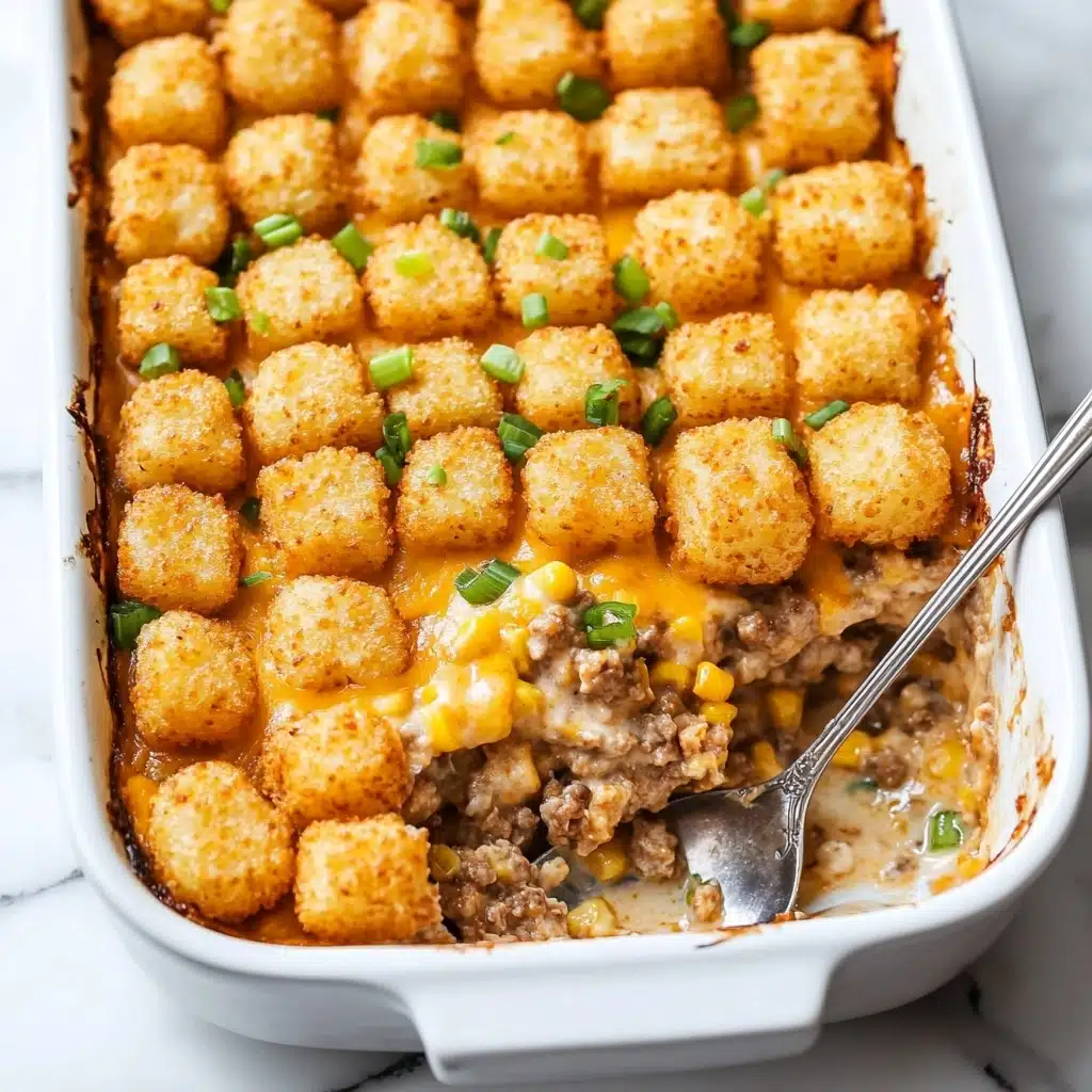 Tater Tot Casserole, creamy tater tot casserole, cheesy tater tot casserole, easy casserole recipes, comforting dinner ideas A white rectangular baking dish filled with a layered casserole, topped with a neat grid of golden-brown tater tots covering the entire surface, sprinkled with small pieces of chopped green onion. One corner of the casserole is scooped out, showing the inside layers of creamy mixture with visible ground meat, melted cheddar cheese, corn kernels, and small bits of onion, all held together in a rich sauce. A silver serving spoon holds a scoop of the casserole, resting on the edge of the dish. The dish is placed on a white marbled surface.