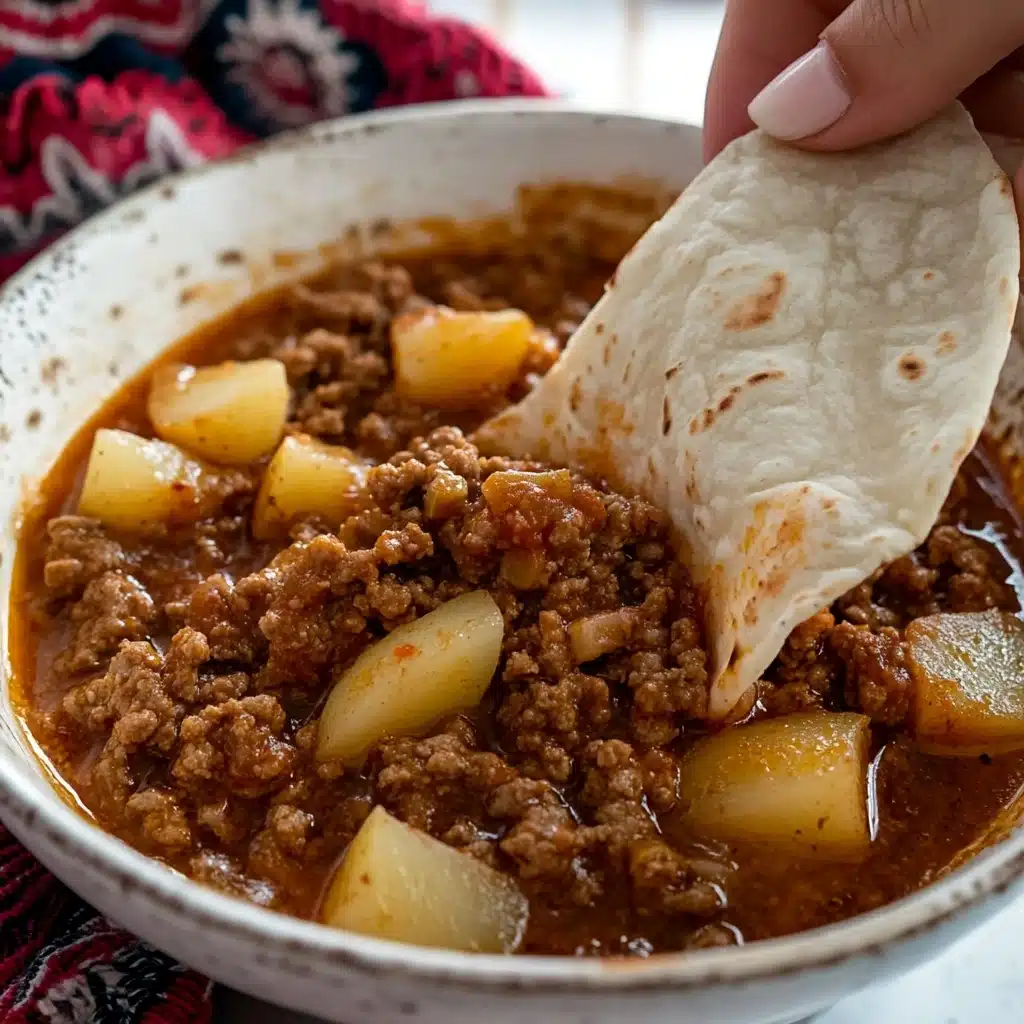 Mexican Picadillo, Picadillo recipe, Mexican ground beef dish, easy Picadillo, flavorful Mexican dinner A close-up of a white bowl with dark swirl lines holding a stew made of brown cooked ground meat with small light-yellow potato pieces mixed in a thin reddish-brown sauce. A woman's hand is seen dipping a folded white tortilla into the stew, with extra white tortillas resting on the side inside the bowl. The bowl sits on a white marbled surface with a red and black woven cloth underneath partially visible. The