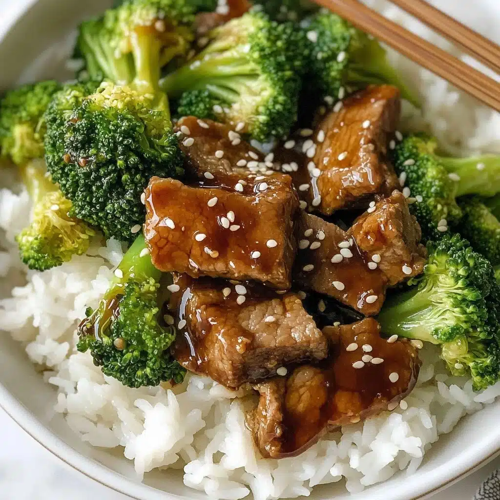 Chinese Beef and Broccoli, Chinese Beef and Broccoli recipe, Easy Chinese Beef and Broccoli, Beef and Broccoli stir-fry, Homemade Chinese Beef and Broccoli The dish shows a close-up of a white plate filled with three main layers: the bottom layer is a bed of white rice with soft and separate grains, the middle layer consists of green broccoli florets with a fresh, slightly shiny texture, and the top layer has brown pieces of cooked meat coated in a glossy, thick sauce with white sesame seeds sprinkled over everything. The plate sits on a white marbled surface, and a pair of wooden chopsticks rests on the edge.