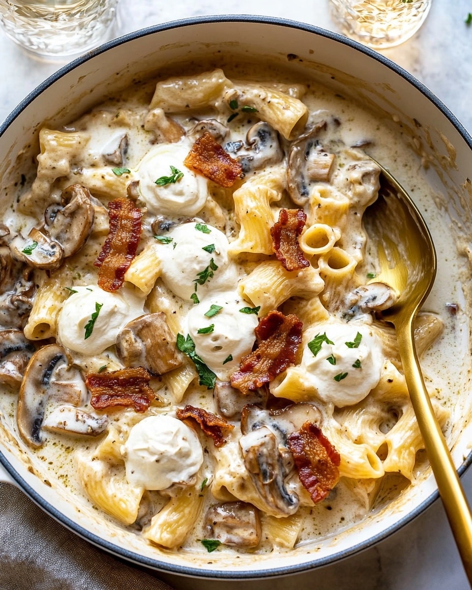 One Pot French Onion Pasta with Crispy Prosciutto, French Onion Pasta with Prosciutto, Easy One Pot French Onion Pasta, Comforting French Onion Pasta, Crispy Prosciutto Pasta A close-up view of a white pot filled with light brown short tube pasta in a creamy sauce, topped with dollops of white soft cheese, crispy reddish-brown bacon pieces, and small green herb leaves sprinkled across. The pasta looks smooth and creamy with some sliced mushrooms mixed in. A gold spoon is placed on the right side inside the pot. The scene is set on a white marbled surface with a white cloth underneath the pot and two clear glasses with light-colored liquid beside it.