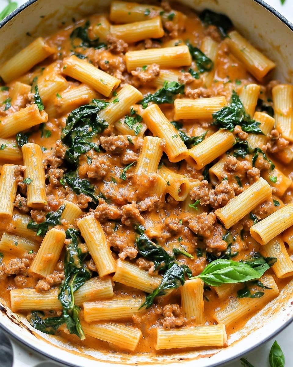 Creamy Sausage Rigatoni, one-pan pasta dish, quick weeknight dinner, hearty sausage pasta, easy Italian pasta recipe A close-up view of a white pan filled with rigatoni pasta in a creamy orange sauce, mixed with small pieces of cooked ground meat and wilted green spinach leaves, all evenly coated and slightly shiny, showing a rustic texture on the meat and tender pasta tubes sitting on top of one another, the pan rests on a white marbled surface with scattered rigatoni pasta and fresh green herbs visible near the edges,