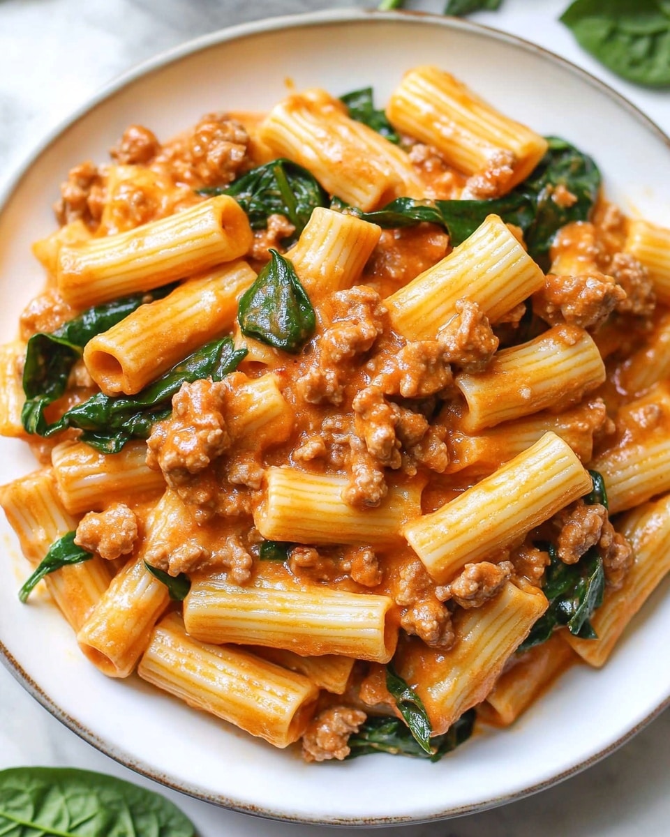 Creamy Sausage Rigatoni, one-pan pasta dish, quick weeknight dinner, hearty sausage pasta, easy Italian pasta recipe This image shows a white plate filled with rigatoni pasta mixed with a creamy reddish-orange sauce. The pasta is thick and tube-shaped, coated evenly with the sauce, and mixed with wilted green spinach leaves and small pieces of browned ground meat scattered throughout the dish. The plate rests on a white marbled surface with some green leaves partially visible around the edges. The lighting enhances the creamy texture of the sauce and the slightly glossy surface of the rigatoni, giving the food a fresh and warm look.