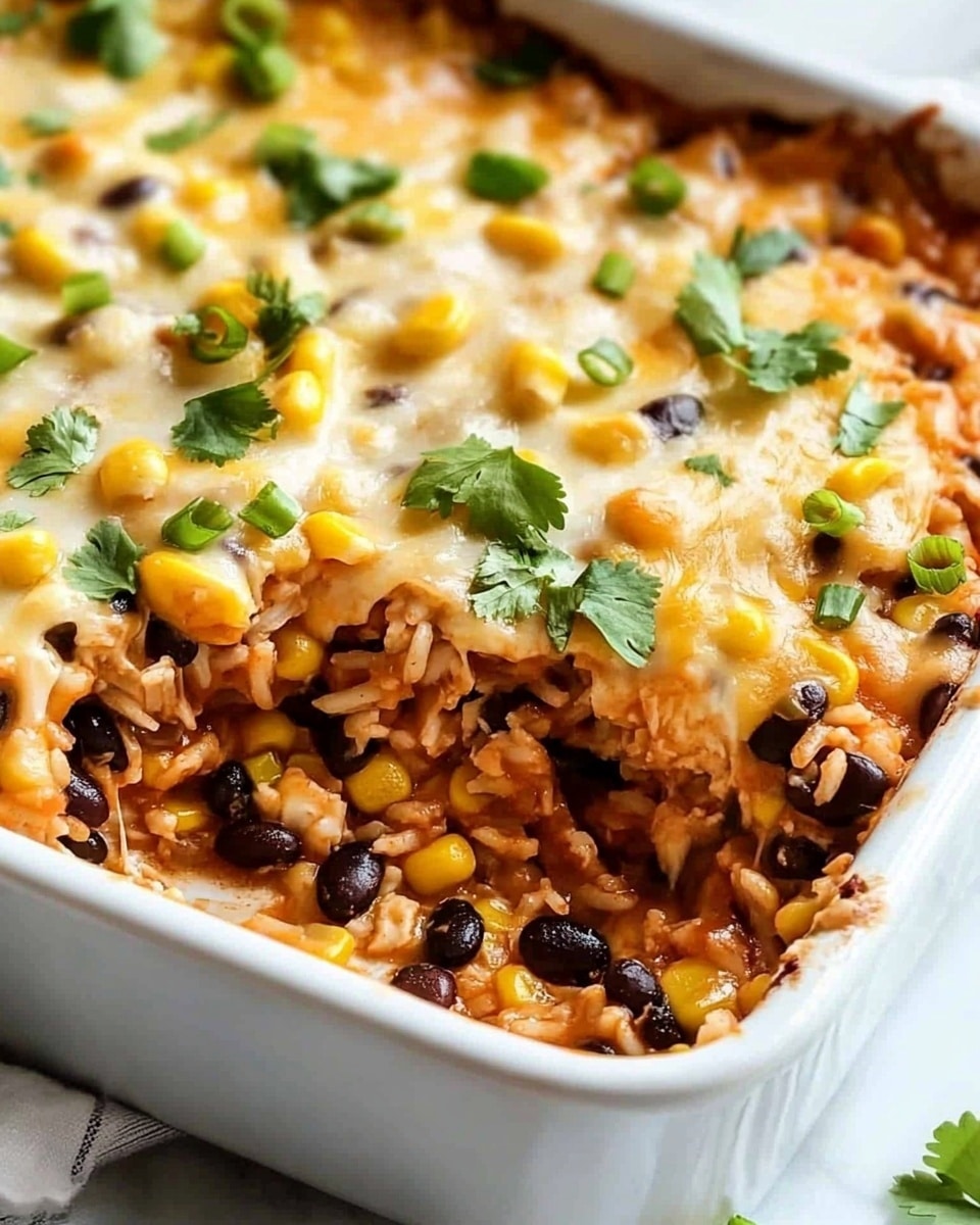Southwest Chicken Casserole, Mexican chicken casserole, spicy chicken bake, easy Southwest dinner, hearty chicken casserole The image shows a white square baking dish filled with a baked casserole that has three visible layers. The bottom layer is a mix of rice, black beans, corn, and shredded chicken, all coated in a reddish sauce. The middle layer is melted cheese, mostly light yellow with some golden spots, spread evenly over the filling. The top layer has melted cheese with scattered black beans, corn, chopped green onions, and fresh cilantro leaves, giving a colorful look. One corner of the dish is scooped out, showing the inside layers clearly. The dish is placed on a white marbled surface with a white cloth nearby.