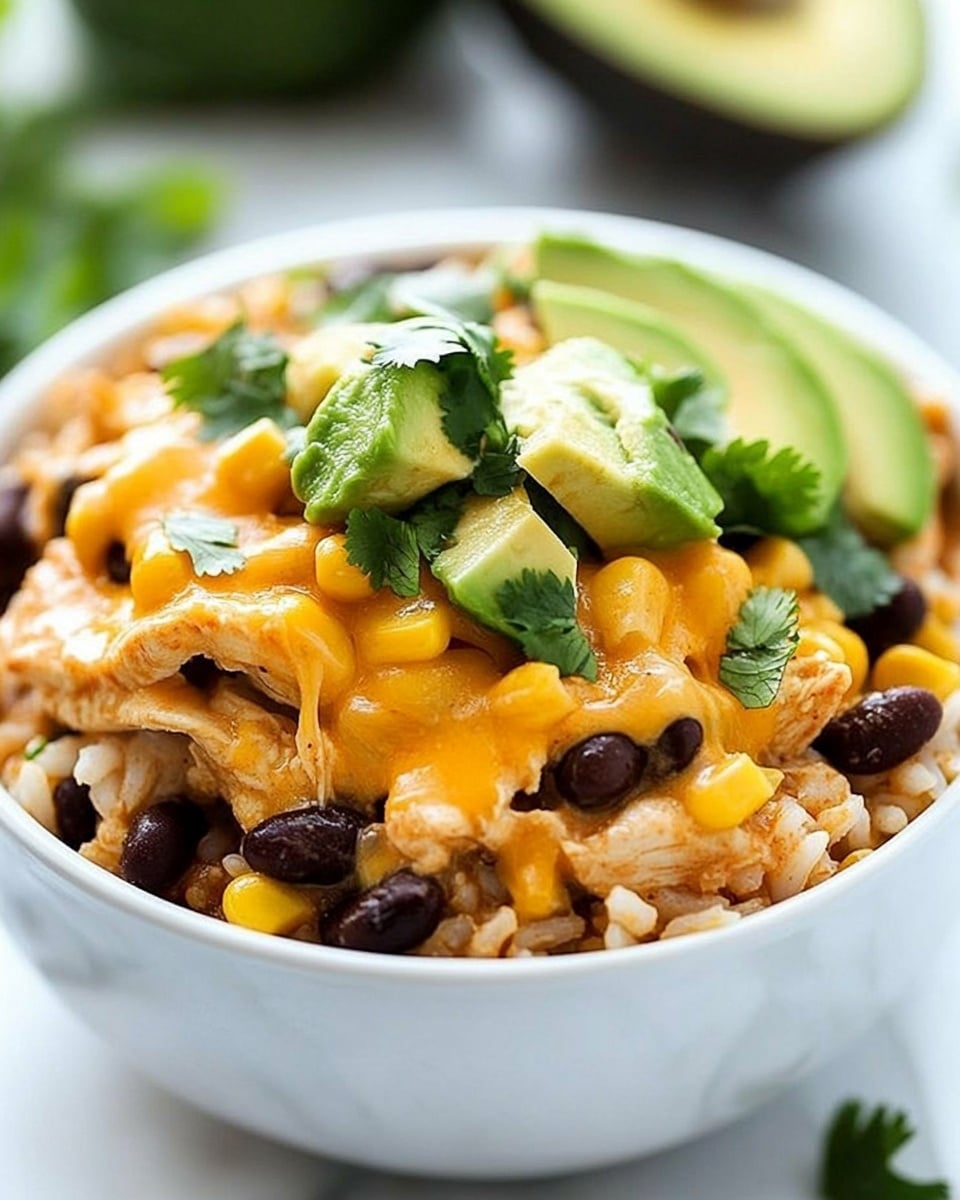 Southwest Chicken Casserole, Mexican chicken casserole, spicy chicken bake, easy Southwest dinner, hearty chicken casserole A white bowl filled with a layered dish starting with a base of white rice mixed with black beans and yellow corn scattered evenly. On top of the base, there are chunks of light brown cooked chicken covered in melted yellow cheese. The dish is garnished with bright green slices of avocado and sprinkled with fresh green cilantro leaves. The bowl sits on a white marbled surface with a blurred avocado half and some green herbs in the background.