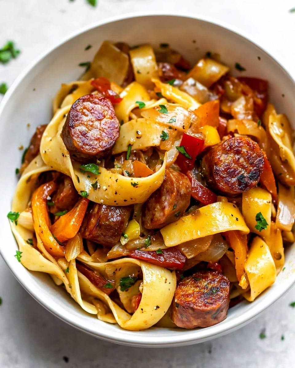 Sausage and Peppers Skillet, sausage and peppers dish, easy sausage skillet recipe, quick sausage and peppers dinner, flavorful skillet meal The image shows a white bowl filled with wide, flat pasta noodles mixed with slices of browned sausage, cooked onions, and red and yellow bell peppers. The pasta is golden and glossy, curling around the other ingredients, while the sausage slices are a rich, dark brown with a slightly crispy edge. The onions are soft and translucent, scattered evenly along with small pieces of fresh green herbs on top. The bowl is set on a white marbled surface with some bits of herbs lightly spread around. The scene is brightly lit, emphasizing the warm colors and textures of the food,