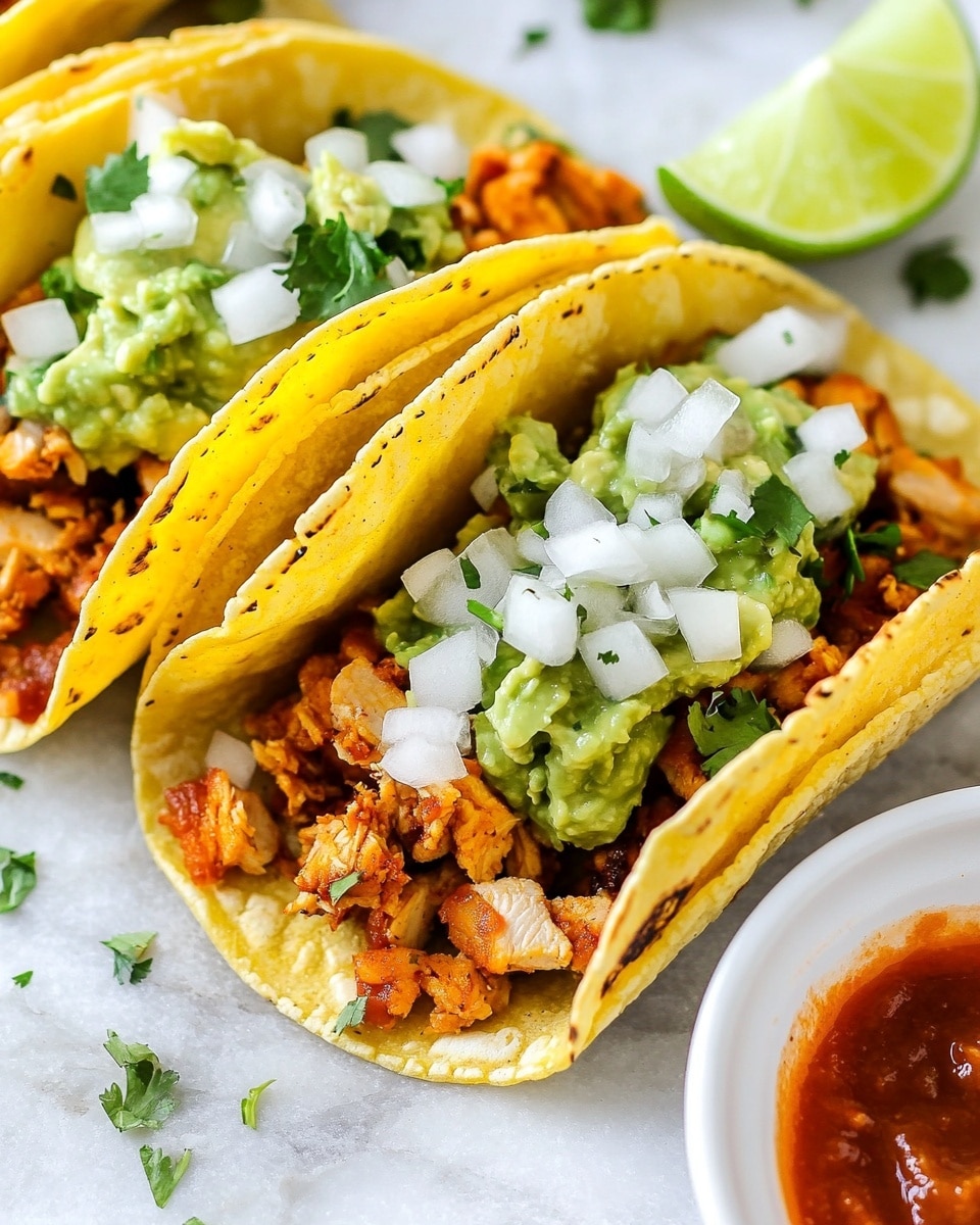 Chicken Street Tacos with Onion Salsa, Easy Chicken Street Tacos, Street-Style Chicken Tacos Recipe, Fresh Onion Salsa for Tacos, Quick Chicken Tacos Three tacos lie close together on a white marbled surface, each with two soft, folded yellow corn tortillas forming one layer. Inside, the base layer is crumbled cooked meat with a light brown color and slightly crispy texture. On top of the meat is a thick layer of finely chopped white onions and green herbs, adding freshness and color contrast. Over the onions and herbs, small dollops of thick, pale green guacamole are placed, along with drizzles of reddish-orange hot sauce. In the bottom right corner, there is a small white bowl filled with some of the reddish-orange sauce, and a lime wedge rests at the bottom left edge. The photo is taken with an iphone