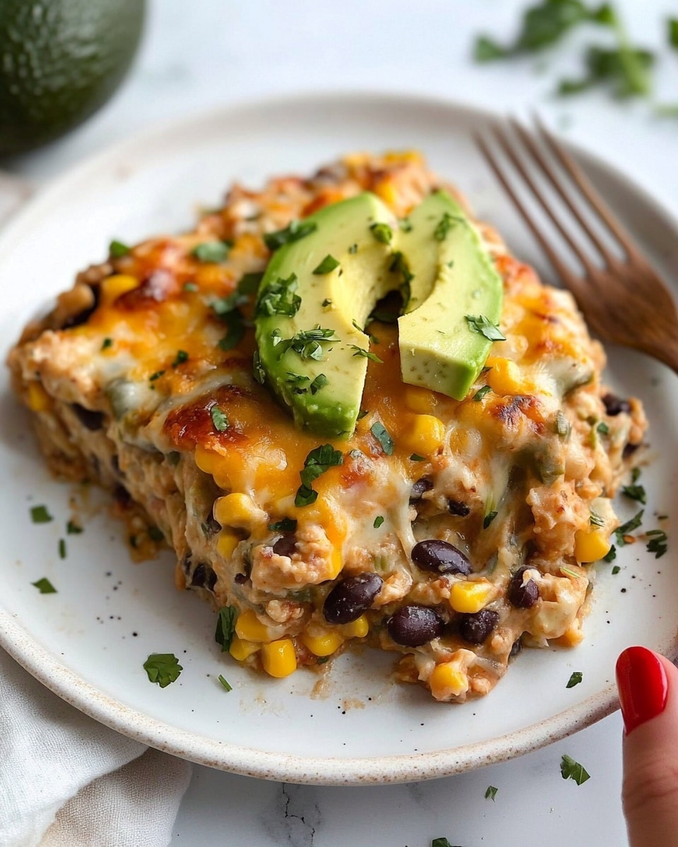 Southwestern Chicken and Rice Bake, easy chicken casserole, flavorful weeknight dinner, cheesy baked chicken and rice, quick Mexican inspired meal A white plate holds a serving of a baked dish with a rich mix of textures and colors. The bottom layer looks creamy and soft with a mix of light beige and yellow shades, showing corn kernels and black beans scattered throughout. On top, melted golden cheese covers the dish with a bubbly texture, sprinkled with small bits of chopped green herbs for freshness. There are three bigger pale green avocado chunks placed on top of the cheese layer, adding brightness and smoothness. Around the edges of the plate, there are tiny green herb pieces and a few red chili flakes. A fork with a wooden handle rests on the right side of the plate. A woman's hand with red nail polish holds the plate on the left bottom corner, and the background shows a white marbled surface.