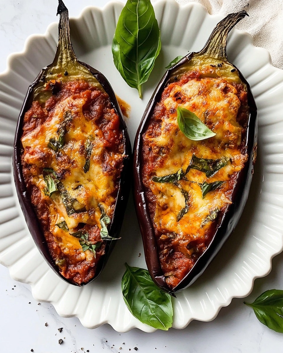 Italian Stuffed Eggplant, Italian stuffed eggplant recipe, baked eggplant with tomato and mozzarella, eggplant dinner ideas, vegetarian Italian dishes Two halves of roasted eggplant are placed on a white scalloped-edged plate on a white marbled surface. Each eggplant half is filled with a rich, chunky tomato sauce layer that has pieces of cooked herbs and a melted cheese layer underneath, showing golden and slightly browned spots. Fresh green basil leaves are added around the eggplants for garnish, with a light sprinkle of black pepper visible on the plate. The eggplants’ skin is dark purple and slightly wrinkled from baking.