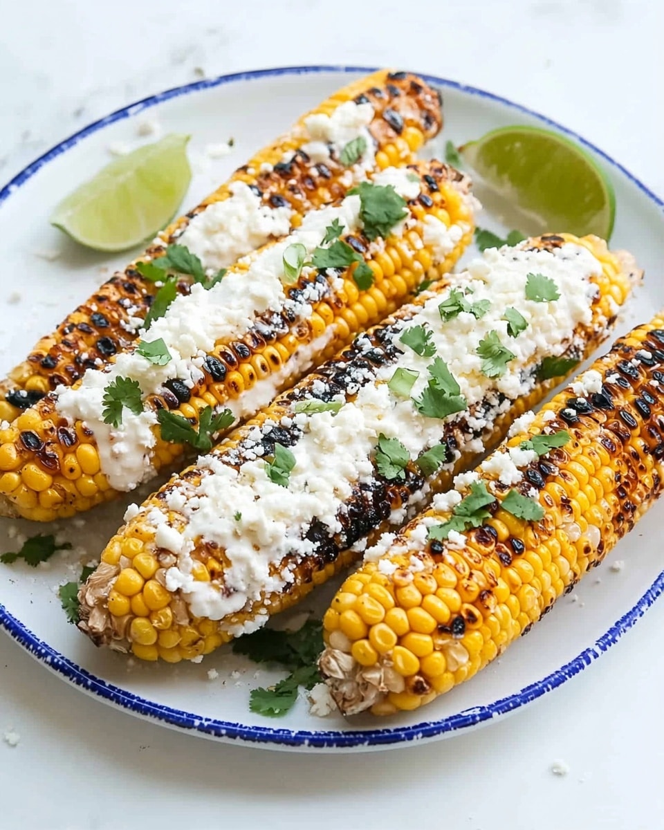 Grilled Mexican Street Corn, Elotes, Mexican grilled corn, street corn recipe, grilled corn with cotija cheese Three grilled yellow corn cobs with charred black spots lay side by side on a white plate with a blue rim, each covered in a creamy white sauce evenly spread over the kernels. A crumbly white cheese is sprinkled thickly over the top of the corn, with green cilantro bits scattered on the cheese for contrast. On the side of the plate are two lime wedges, one whole and one partially squeezed, resting on a white marbled surface. The photo has soft natural lighting and a close-up angle that shows the texture of the sauce and grilled corn clearly