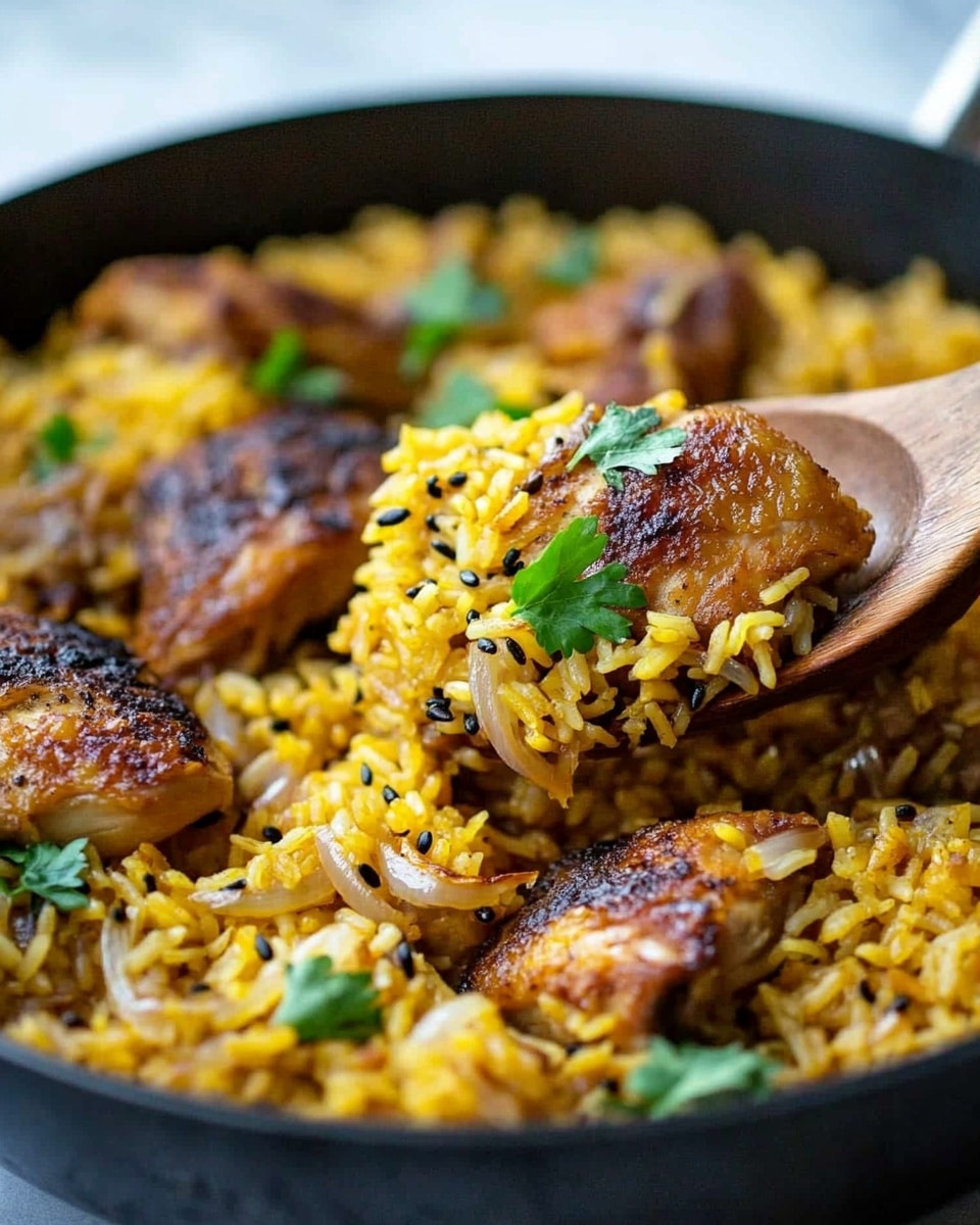 Persian Chicken with Saffron Rice and Barberries, Persian Chicken with Saffron Rice, Middle Eastern Chicken and Rice, Saffron Chicken Recipe, Barberries and Chicken Dish A close-up of a dark pan filled with yellow rice mixed with slices of translucent cooked onions and small black seeds, garnished with green parsley leaves. On top of the rice, there are several browned pieces of chicken with a crispy surface. A wooden spoon held by a woman's hand lifts a portion of the rice and onions from the pan, showing the texture and color clearly. The background is a white marbled surface, softly out of focus.