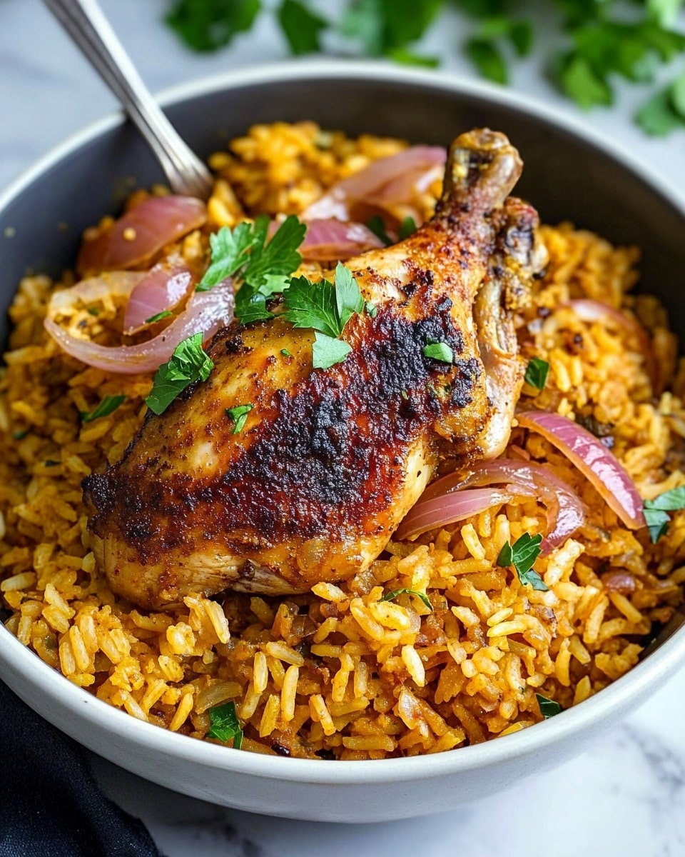 Persian Chicken with Saffron Rice and Barberries, Persian Chicken with Saffron Rice, Middle Eastern Chicken and Rice, Saffron Chicken Recipe, Barberries and Chicken Dish A white bowl sits on a white marbled surface, filled with a base layer of golden yellow rice mixed with small dark spices and light cooked onion slices scattered throughout. On top of the rice lies a single seasoned and cooked chicken piece with a browned, slightly crispy texture. Thin pinkish-cooked onion slices rest on and around the chicken. The dish is garnished with a small bunch of fresh green parsley placed on the chicken. A silver fork is inserted into the rice at the top left of the bowl.