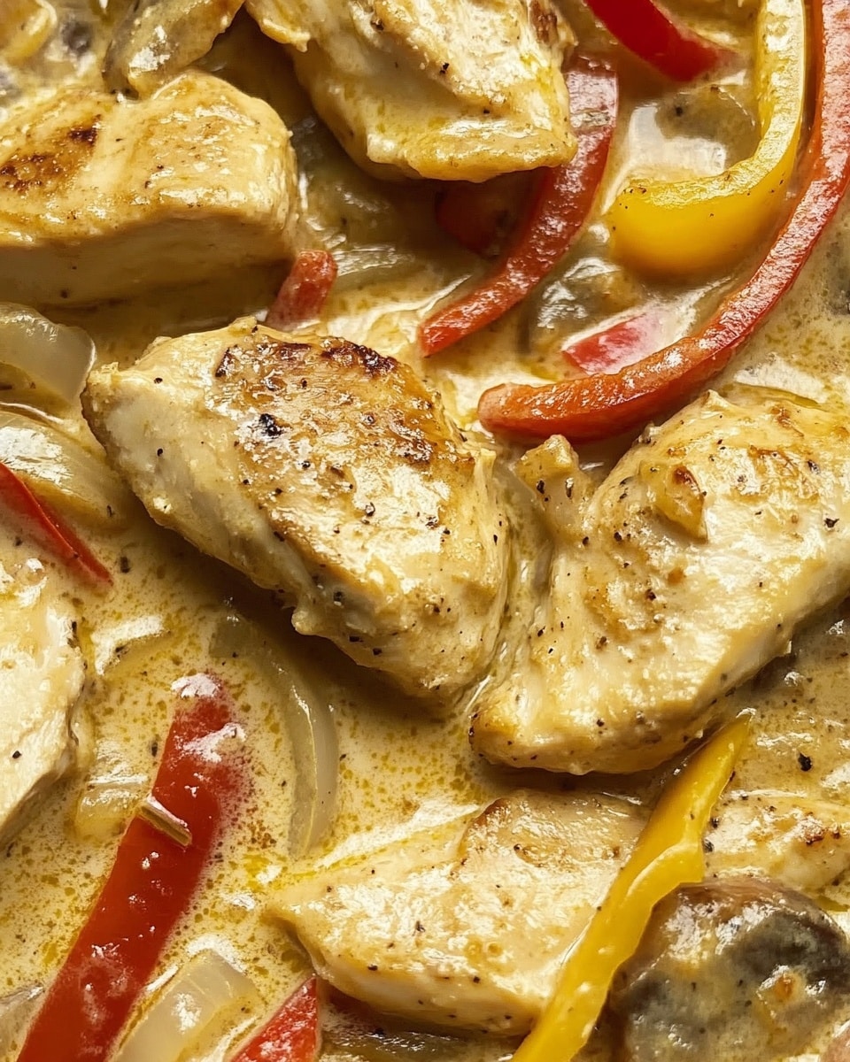 Creamy Pepperoncini Chicken, easy creamy chicken dinner, quick weeknight chicken recipes, flavorful chicken with pepperoncini, comforting chicken meal The image shows several pieces of golden-brown cooked chicken layered on a creamy sauce. Around the chicken, there are slices of red bell peppers and rings of light yellow pepper, both mixed into the sauce. Small bits of onions or garlic pieces are scattered over the dish, adding texture. The sauce looks rich and smooth, light beige in color, surrounding and partly covering the chicken and vegetables. The whole dish is presented in a close-up view, showing the details of the cooked ingredients clearly.