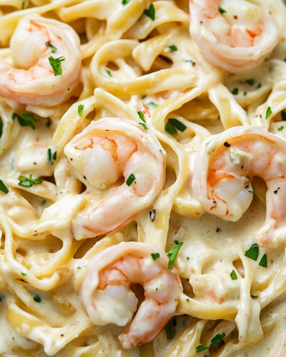 Creamy Prawn Linguine, seafood pasta recipes, easy prawn pasta, quick weeknight dinner, Italian seafood pasta This image shows a close-up of creamy shrimp pasta. The dish has one main layer of pale yellow fettuccine noodles coated in a thick, creamy white sauce. Mixed throughout are medium-sized pink shrimp that look cooked, with a smooth texture. You can see small green parsley flakes sprinkled over the top, adding contrast. The pasta and shrimp twist and overlap closely, filling the whole frame. The background is a white marbled surface.