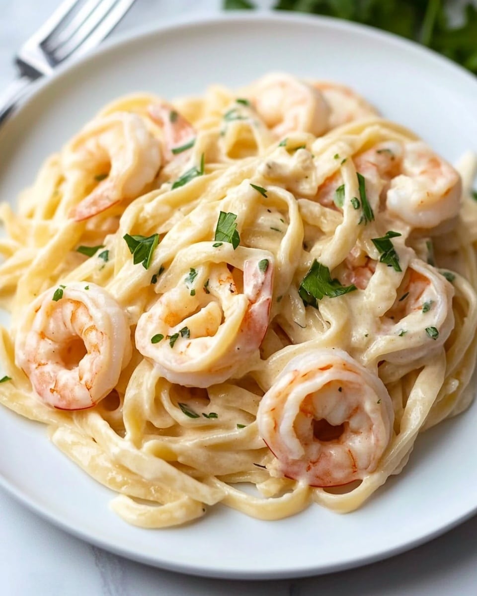 Creamy Prawn Linguine, seafood pasta recipes, easy prawn pasta, quick weeknight dinner, Italian seafood pasta A white plate holds a pile of creamy pasta with long, thick noodles that are pale yellow and coated in a smooth, white sauce. Mixed throughout the pasta are pink shrimp, some curled and others resting on top. Finely chopped green herbs are sprinkled over the pasta and shrimp, adding a fresh touch of color. The plate is set on a white marbled surface, and a silver fork lies to the left side of the plate.