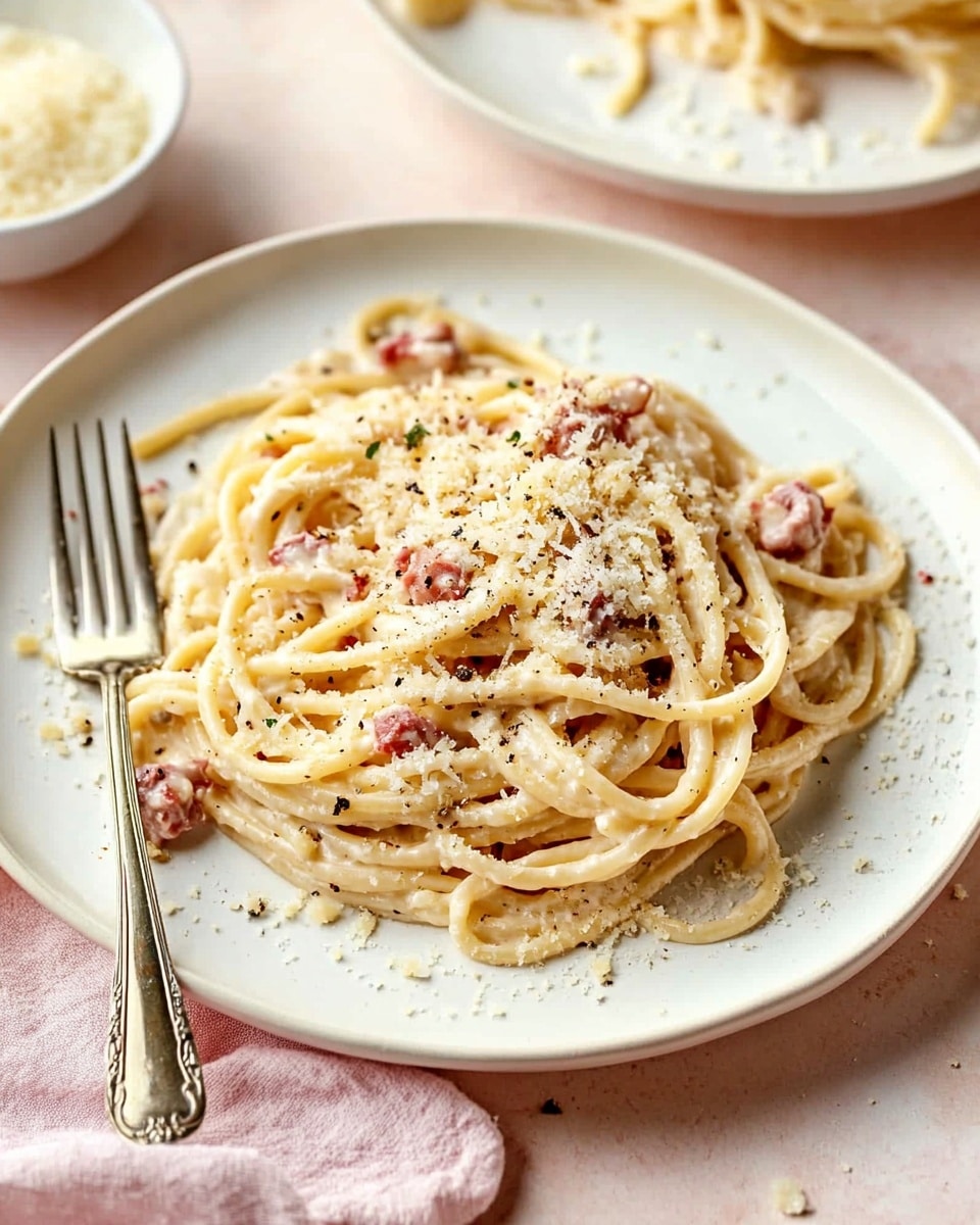 Creamy Lemon and Pancetta Linguine, Lemon and Pancetta Pasta, Easy Lemon Pasta Recipe, Luxurious Pasta with Pancetta, Quick Lemon and Pancetta Linguine The dish shows a white plate filled with creamy pasta made of thick spaghetti strands coated in a light beige sauce with small pieces of reddish-brown meat mixed in. The top layer of the pasta has grated white cheese sprinkled over it, giving a slightly textured look. The plate holds a silver fork and spoon resting on the left side, and the scene is set on a soft pink surface next to a light pink cloth. In the background, there is a hint of another similar white plate with more pasta and a small white bowl containing grated cheese on a white marbled texture.