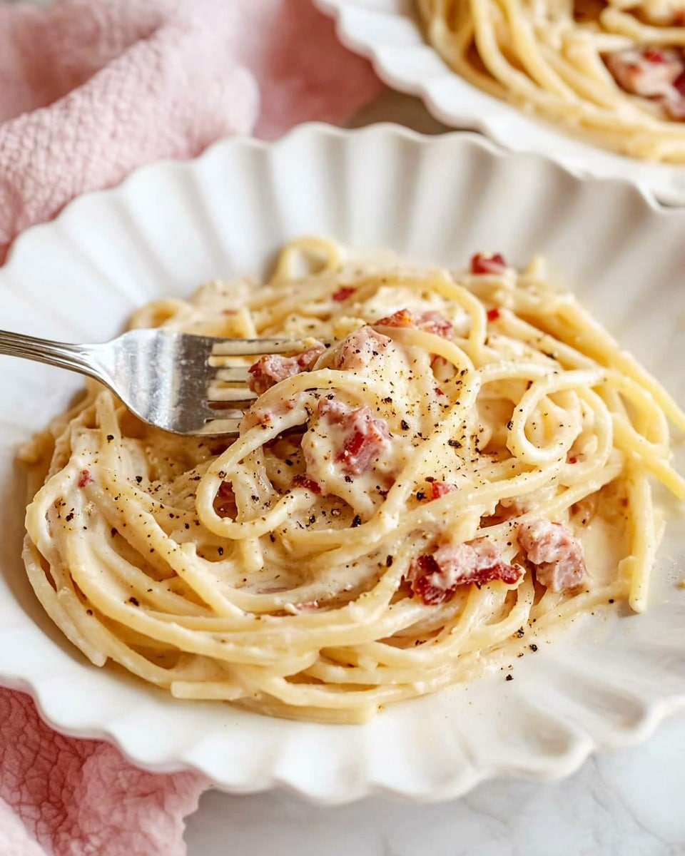 Creamy Lemon and Pancetta Linguine, Lemon and Pancetta Pasta, Easy Lemon Pasta Recipe, Luxurious Pasta with Pancetta, Quick Lemon and Pancetta Linguine The image shows a white scalloped plate filled with a creamy pasta dish. The pasta appears to be spaghetti, coated in a smooth, pale cream sauce, with visible small chunks of reddish-brown meat evenly mixed throughout. Flecks of black pepper and red pepper flakes are sprinkled on top. A silver fork is partially twirled with spaghetti and small meat pieces, resting near the edge of the plate. The plate sits on a soft pink textured cloth, placed on a white marbled surface. In the background, another similar plate with the same pasta is partly visible.