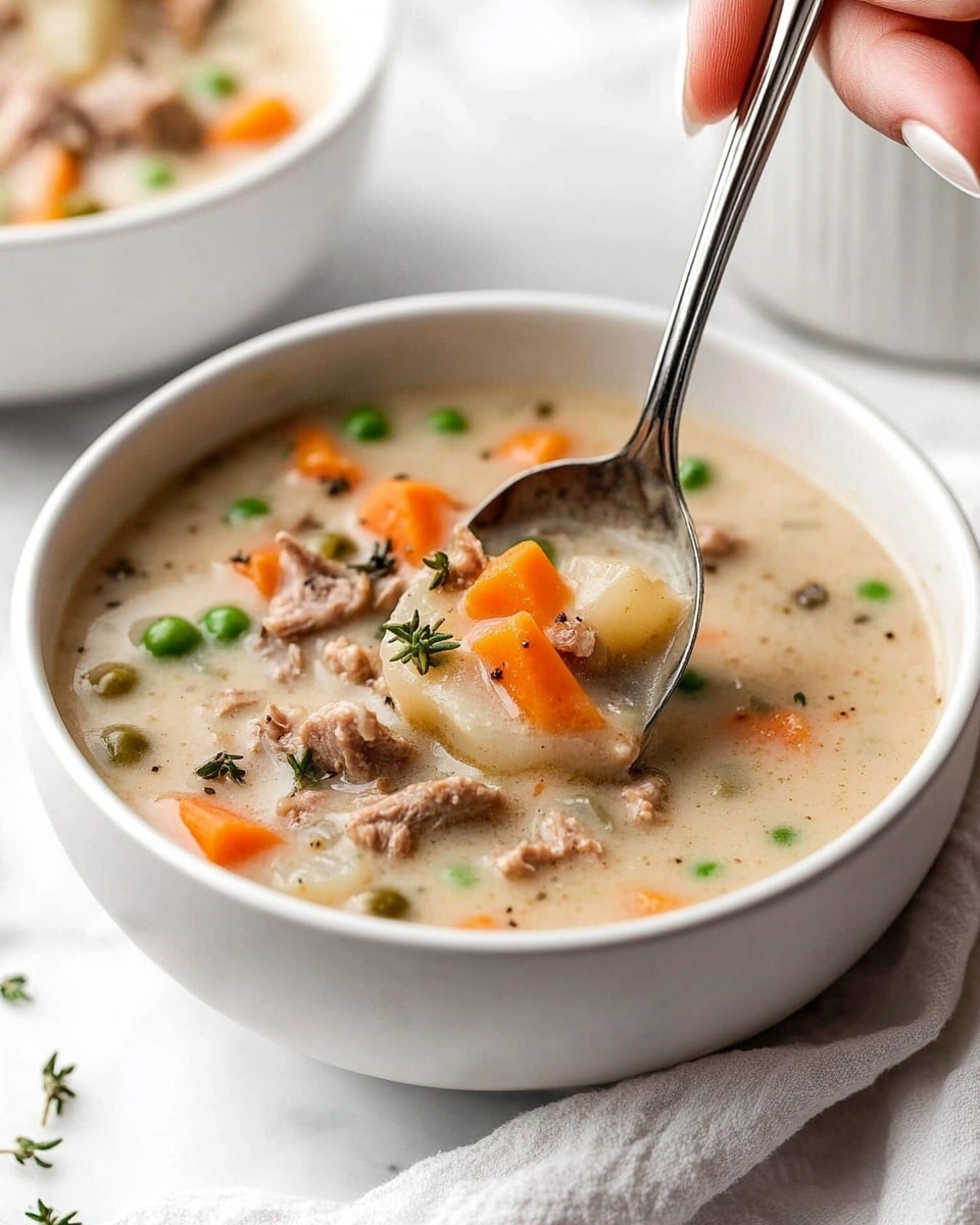 Shepherd's Pie Soup, hearty shepherd's pie soup, easy shepherd's pie soup, comforting shepherd's pie soup, quick shepherd's pie soup A white bowl filled with a thick creamy soup showing layers of chunky vegetables and meat. The top layer is a light beige creamy broth with visible soft orange carrot slices, light brown potato pieces with skin, green peas, and small bits of browned meat. A spoon is scooping the soup, held by a woman’s hand, showing the chunky mix clearly. The bowl sits on a white crumpled cloth on a white marbled surface with another similar bowl and a white container blurred in the soft background.