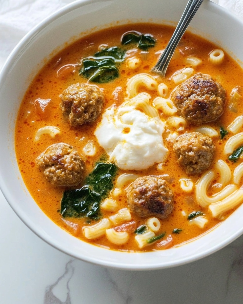 Hearty Meatball Soup with Spinach and Ricotta, Italian meatball soup, comforting tomato-based soup, easy one-pot Italian soup, hearty ground meat and spinach soup A white bowl is filled with a thick orange-red soup containing several browned meatballs that sit on top, slightly irregular in shape with a textured surface. The soup also has small curved pasta pieces in pale yellow, bright green leafy vegetables, and small chunks of red tomatoes scattered around. In the center, there is a dollop of smooth, white creamy cheese melting slightly into the soup. A shiny silver spoon rests inside the bowl, partially submerged in the soup. The bowl sits on a white marbled surface.