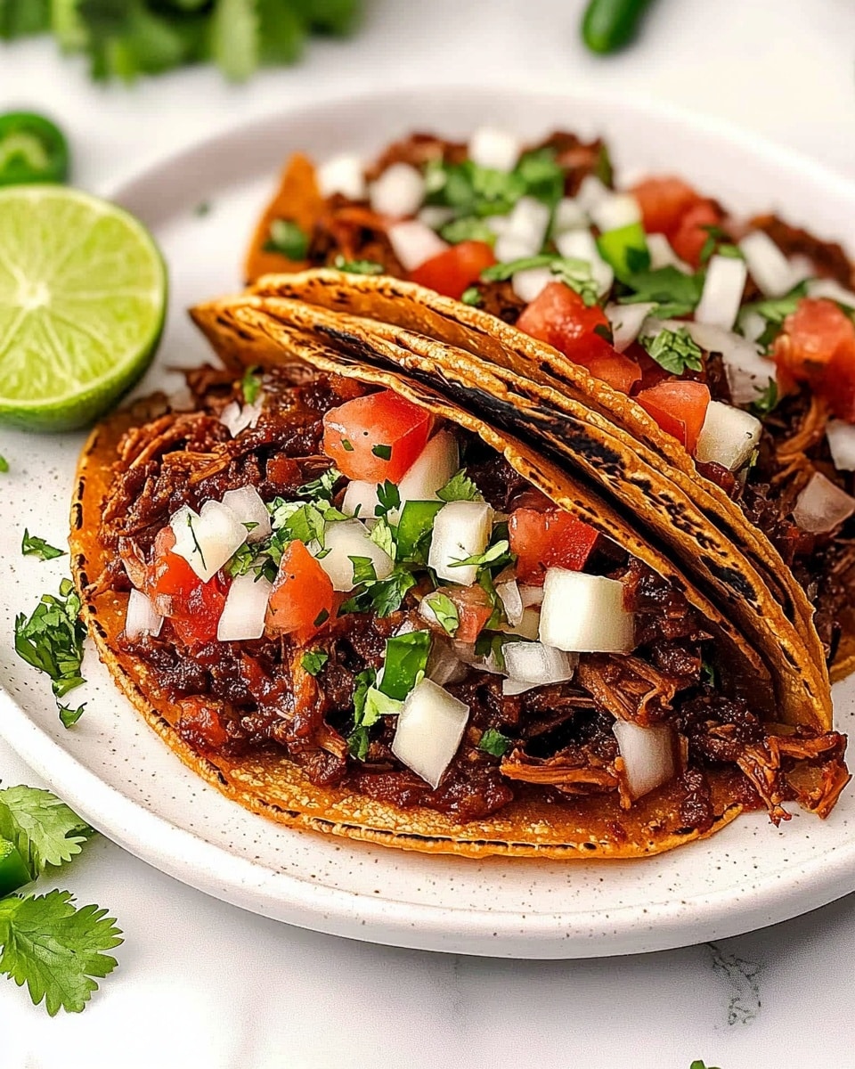 Chicken Birria Tacos, Chili-Infused Chicken Tacos, Oaxaca Cheese Tacos, Spicy Chicken Tacos, Mexican Birria Tacos The dish shows two folded tacos layered with dark brown shredded meat that looks juicy and soft, topped with diced red tomatoes and white onions mixed with green cilantro. The tacos have a warm, reddish-brown crispy outer shell that is slightly oily. The inside includes melted white cheese beneath the meat mixture. There are slices of green jalapeños and two half lime slices on the left side of the white plate. The plate is on a white marbled surface with some scattered green herbs around it.