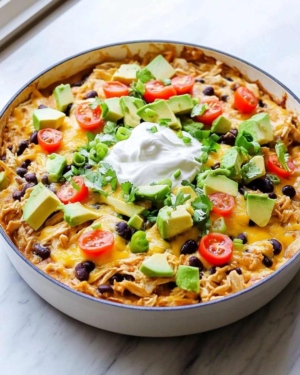 Chicken Black Bean Enchilada Skillet, easy enchilada skillet, quick chicken dinner, one-pan Mexican meals, cheesy enchilada skillet The dish is a creamy, cheesy skillet meal served in a white pan with two handles, placed on a white marbled surface. The base layer is a warm, orange-colored sauce covering pasta or tortillas mixed with black beans, giving a textured look with bits peeking through. Melted white and yellow cheese spreads evenly over the top, slightly browned in some areas, creating a rich, gooey layer. Cherry tomato halves and small avocado cubes are scattered generously on top, adding bright red and green pops of color. There is a dollop of smooth white sour cream in the center, surrounded by finely chopped green onions sprinkled evenly over the entire dish. The light from a nearby window highlights the glossy cheese and fresh toppings, making the dish look fresh and hearty.