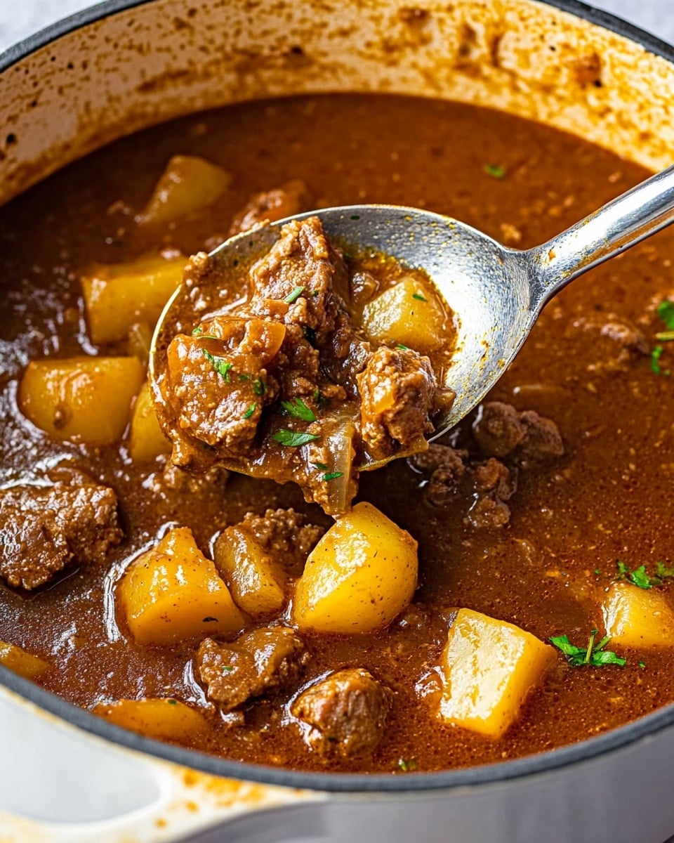 Carne con Papas, Mexican beef and potatoes stew, traditional Mexican stew, beef and potato recipe, Mexican comfort food A close-up view of a large white pot filled with thick brown stew with visible chunks of tender brown meat and small yellow potato pieces, all coated in a rich, slightly glossy sauce with green herb bits sprinkled throughout. A silver ladle holds a scoop of the stew above the pot, showing the chunky texture and warm tones of the dish. The background features a white marbled surface under soft natural light, highlighting the hearty and comforting appearance of the stew