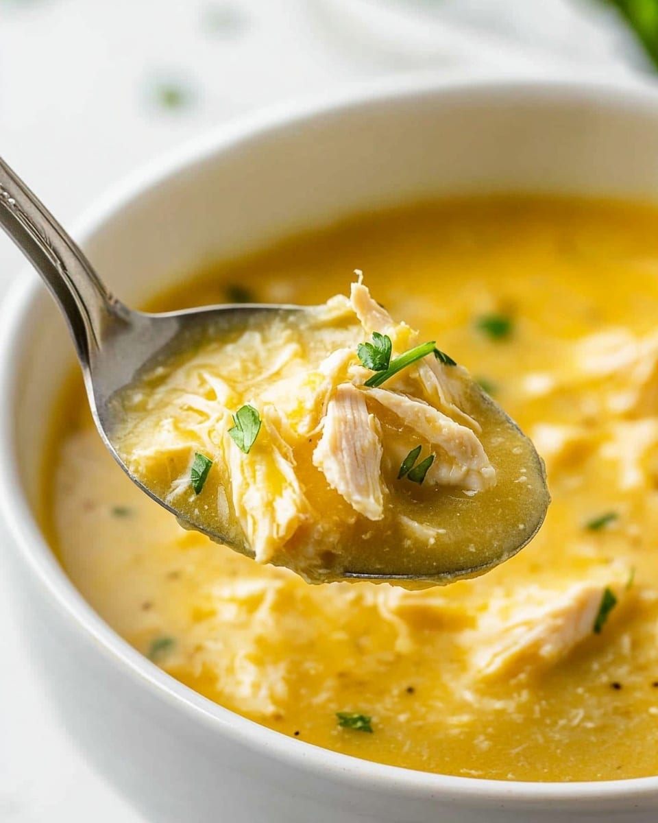 Slow Cooker Chicken and Dumplings, comfort food recipes, easy slow cooker dinner, hearty chicken stew, family-friendly slow cooker recipes A spoon with a vintage look holds a scoop of thick yellow soup with shredded white chicken pieces mixed inside, garnished with small green herb leaves on top. The soup is creamy and smooth with some visible small white chunks. The spoon is held above a white bowl filled with the same yellow soup. The background shows a white bowl filled with yellow food, placed on a white marbled surface. The lighting is bright and natural, highlighting the shiny texture of the soup and chicken.
