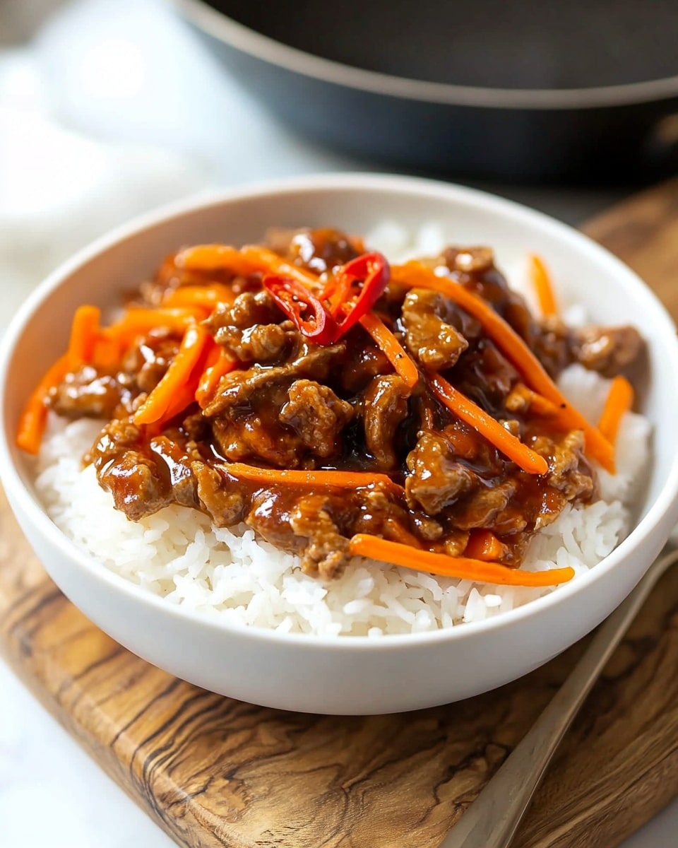 A white bowl filled with three layers: the bottom layer is plain white rice with visible grains, the middle layer consists of orange thin carrot strips, and the top layer contains small brown pieces of cooked meat mixed with the carrots, covered in a shiny brown sauce with some red chili slices scattered throughout. The bowl is placed on a textured wooden board with a blurred black pan in the background on a white marbled surface. A silver fork is resting on the bowl's edge. Photo taken with an iphone --ar 4:5 --v 6.1
