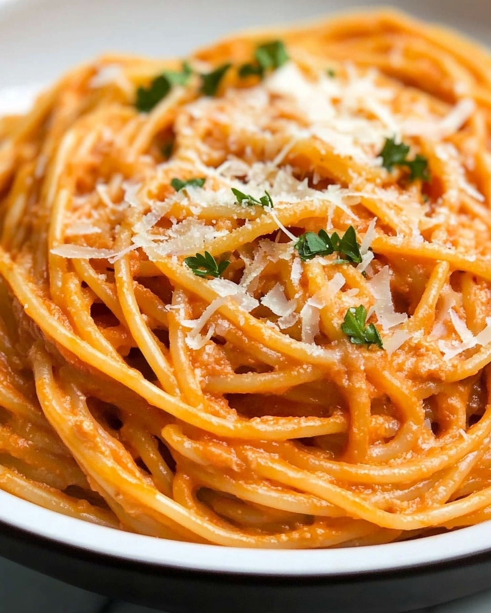 A white plate filled with a single thick layer of spaghetti noodles coated in a smooth, light orange creamy tomato sauce. The noodles are twisted and mixed evenly, with small bits of green parsley scattered on top. Thin shreds of white cheese are sprinkled all over the pasta, adding texture and a slight contrast in color. The plate rests on a white marbled surface. photo taken with an iphone --ar 4:5 --v 6.1
