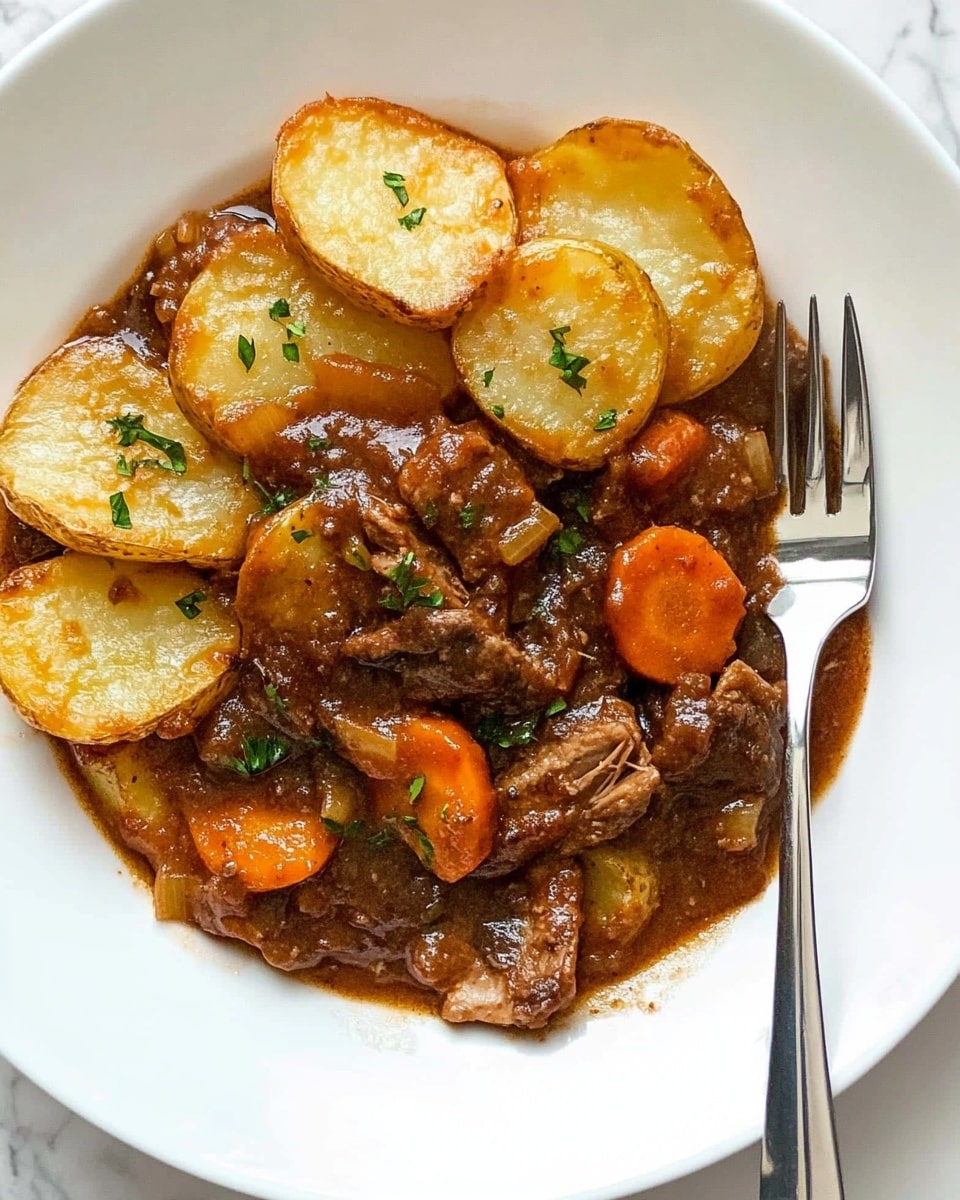 A white plate holds a dish with two main layers: the top layer is made up of several round, golden-brown potato slices that are slightly crispy and sprinkled with small green herb bits. Underneath, there is a thick, rich brown stew with visible chunks of tender meat and orange carrot pieces, all mixed in a glossy sauce. A silver fork rests on the right side of the plate, slightly touching the stew. The surface beneath the plate is a white marbled texture. photo taken with an iphone --ar 4:5 --v 6.1