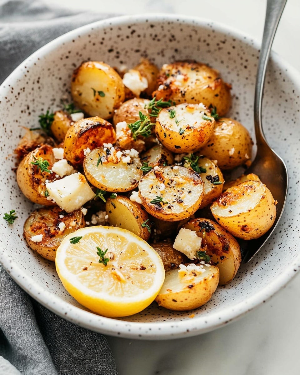 A white speckled bowl holds several golden-brown roasted baby potatoes, each cut into halves or quarters with a crispy, textured surface showing light char marks. Scattered on top are small white crumbles of cheese and sprigs of fresh green herbs, with a thin, round slice of lemon placed near the front, adding a touch of bright yellow. A silver spoon rests inside the bowl on the right side. The bowl is set on a white marbled surface with a gray cloth nearby. The lighting highlights the warm, inviting colors of the potatoes and herbs, showing a mix of smooth and rough textures. Photo taken with an iphone --ar 4:5 --v 6.1