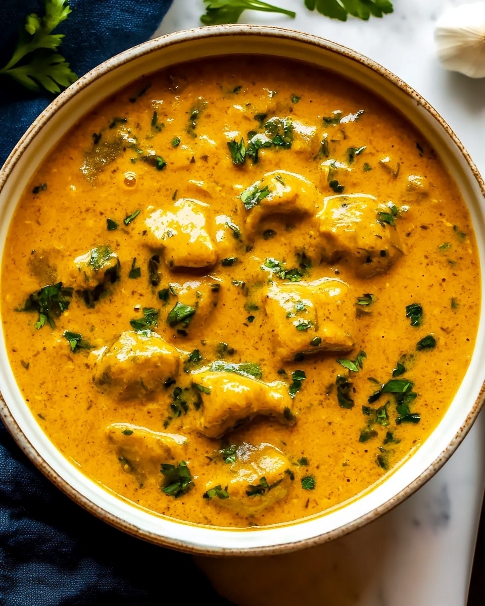 A round white bowl filled with thick golden-yellow curry sauce, speckled with green herbs and small chunks of meat or vegetables. The curry looks creamy with soft texture and small bubbles on the surface. The bowl sits on a white marbled surface with a dark blue cloth and a white garlic clove nearby. The scene is warm and inviting, focusing only on the bowl and the food inside, with a spoon partially visible on the right edge of the image photo taken with an iphone --ar 4:5 --v 6.1