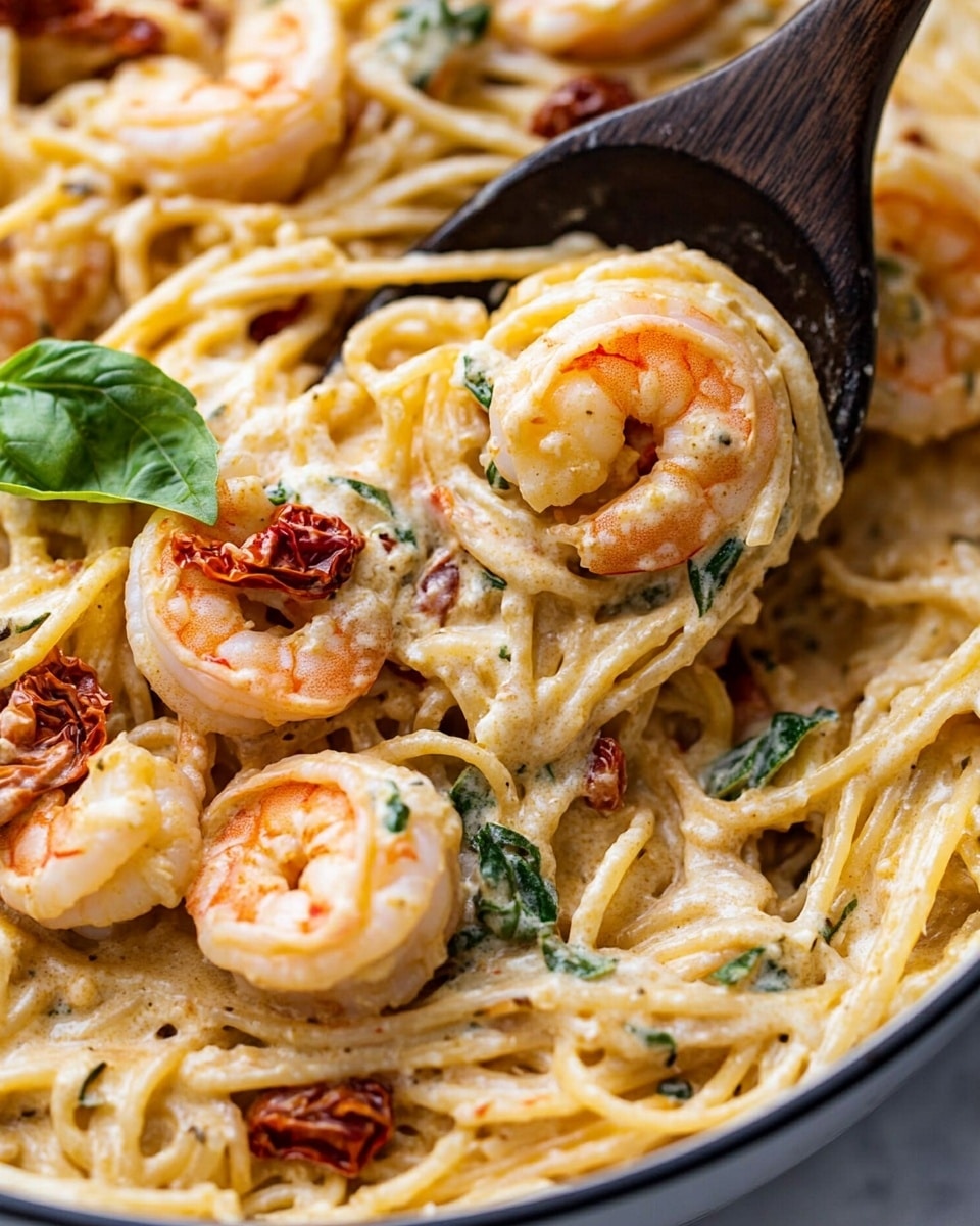A black pan with a wooden handle holds creamy shrimp pasta. The dish has twisted spaghetti noodles coated in a light orange cream sauce mixed with bright orange cooked shrimp, dark green spinach leaves, and small pieces of red sun-dried tomatoes. A fresh dark green basil leaf sits on top as a garnish. The pan is placed on a white marbled surface next to a striped blue cloth and some chunks of pale yellow cheese. photo taken with an iphone --ar 4:5 --v 6.1