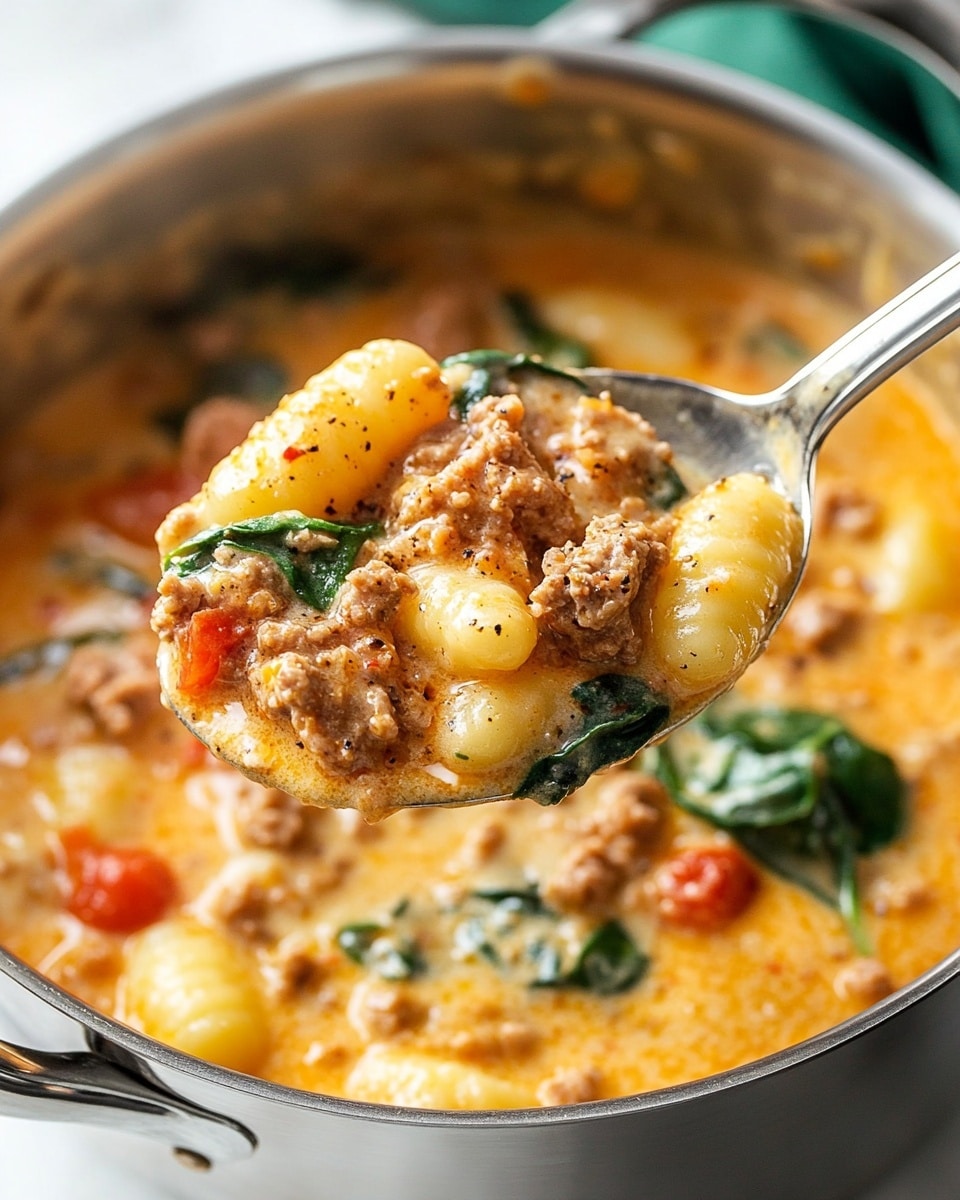 A close-up view of a spoon lifting a creamy gnocchi dish from a stainless steel pot with two handles, resting on a white marbled surface. The spoonful shows three main layers: soft, yellow gnocchi pieces coated in a smooth, light orange sauce; pieces of light brown cooked ground meat mixed throughout; and bright green spinach leaves adding a fresh color contrast. There are small bits of red pepper flakes and grated cheese sprinkled on top, enhancing the texture and color variety, with a few pieces of tomato adding red highlights. The background is softly blurred, focusing attention on the thick, rich sauce and layered ingredients on the spoon. Photo taken with an iphone --ar 4:5 --v 6.1