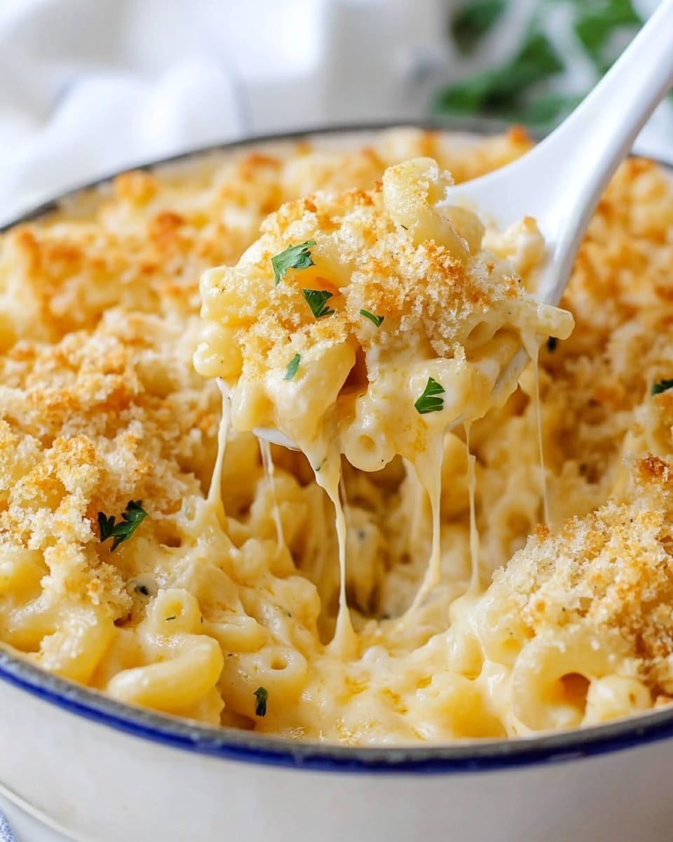 The image shows a white bowl with a thin blue rim, filled with three layers of macaroni and cheese. The bottom layer is creamy, bright yellow melted cheese that coats the curved pasta pieces. The middle layer is the cooked macaroni pasta, soft and light yellow, covered by the melted cheese strings stretching upwards. The top layer is a golden brown, textured breadcrumb crust, sprinkled with small green parsley bits, giving a crispy look. A white spoon lifts a portion of the mac and cheese, showing cheese strings stretching between the spoon and the bowl. The background is a white marbled surface with blurred objects behind the bowl. Photo taken with an iphone --ar 4:5 --v 6.1