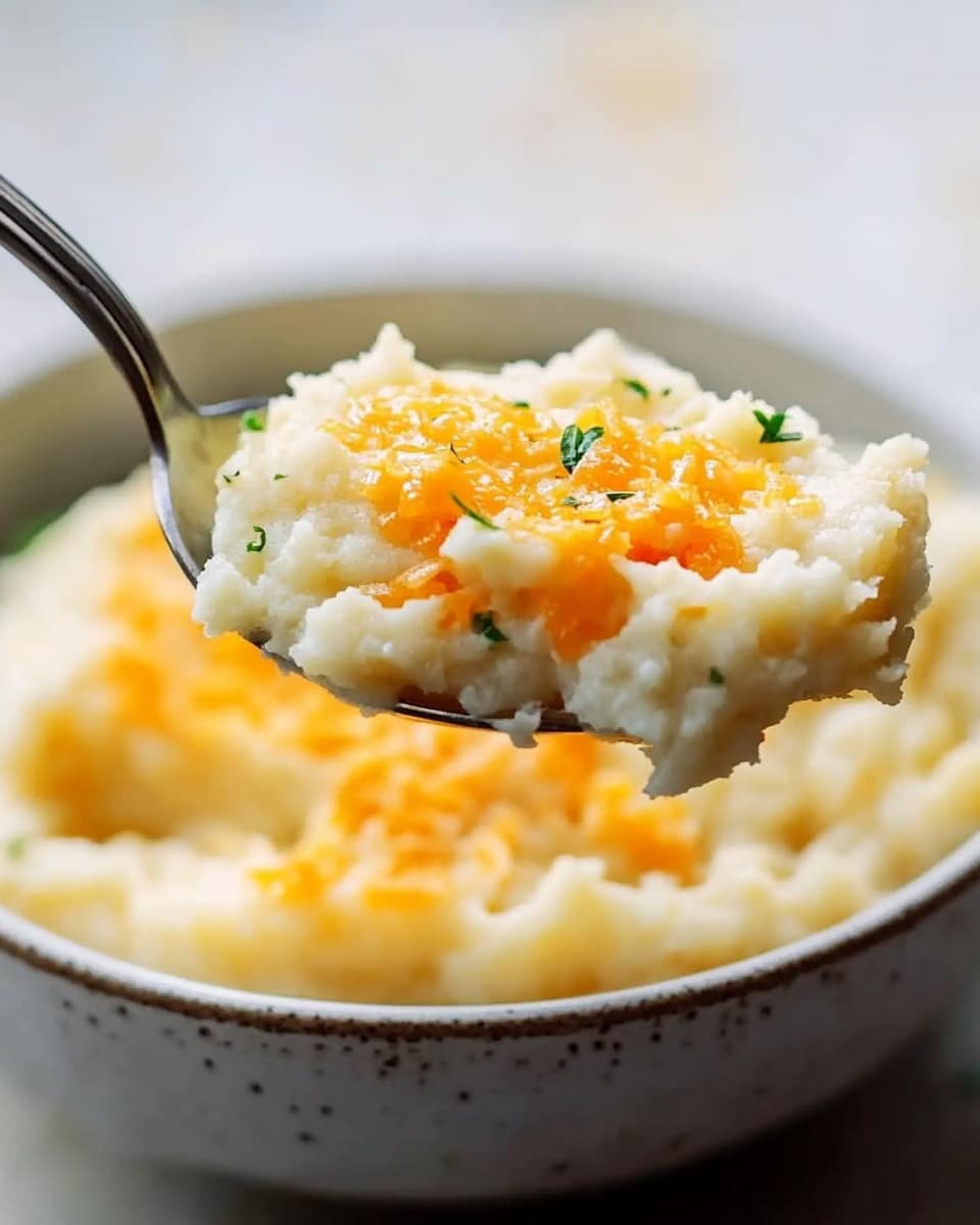 The image shows a close-up of a spoonful of creamy mashed potatoes lifted above a bowl. The mashed potatoes are white with bits of melted orange cheddar cheese mixed in, giving it a soft and slightly chunky texture. Small green specks of herbs are scattered throughout the dish, adding a fresh touch to the smooth and cheesy layers. The bowl holding the mash is white with a subtle pattern and is placed on a white marbled texture surface. The background is softly blurred with warm tones, making the mashed potatoes the clear focus. photo taken with an iphone --ar 4:5 --v 6.1