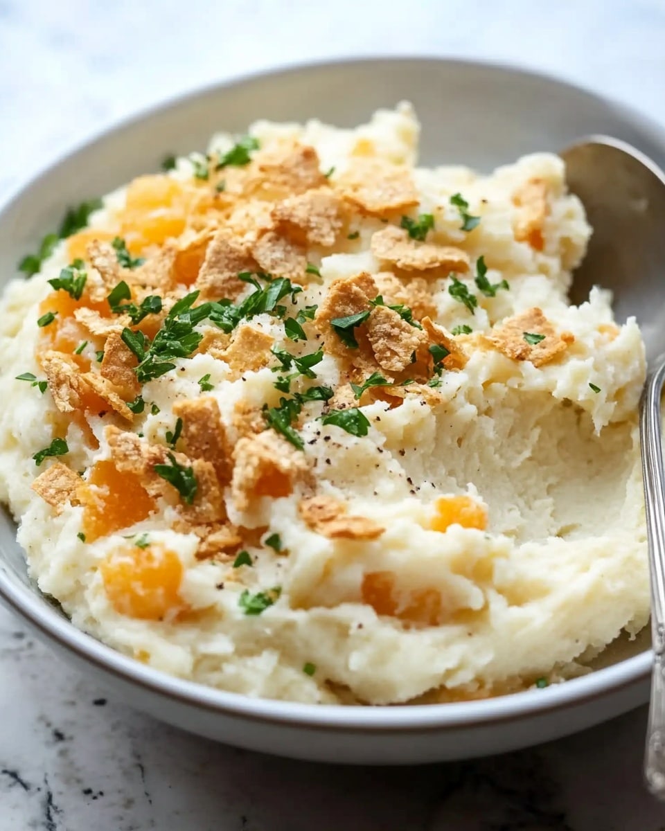 A close-up view of a white bowl filled with a creamy mashed dish that has small chunks mixed with orange and white layers, topped with crushed crackers and sprinkled with green herbs. The dish s texture looks soft with some crumbly bits on top. A silver spoon is resting inside the bowl on the right side. The bowl is placed on a white marbled surface. photo taken with an iphone --ar 4:5 --v 6.1