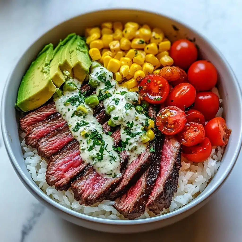 Steak Avocado and Roasted Corn Bowl with Cilantro Cream Sauce Recipe - Recipe Image