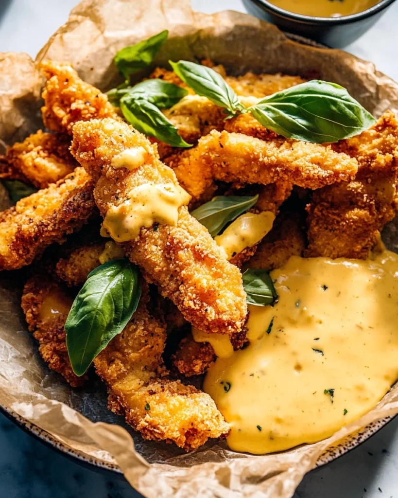 Pretzel Chicken Fingers with Honey Mustard Cheese Sauce Recipe