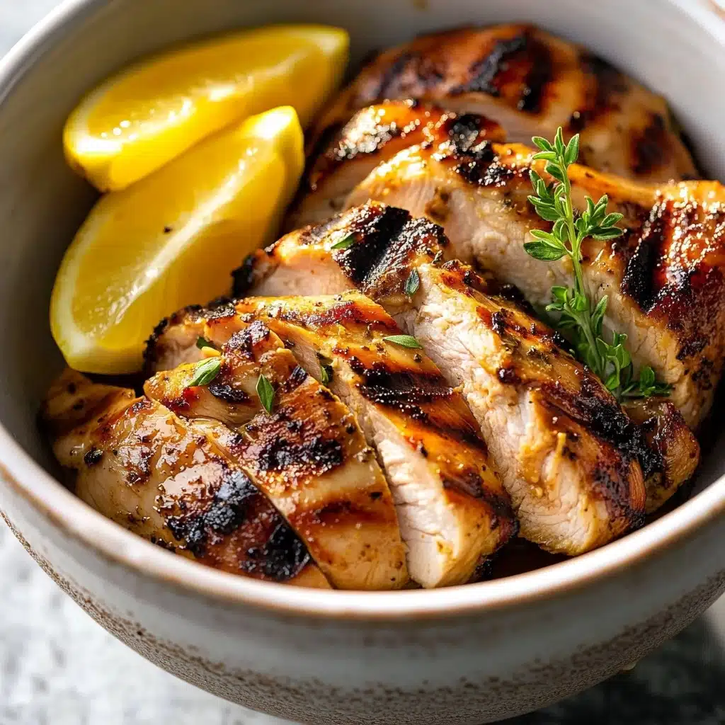Garlic Lemon Herb Grilled Chicken, grilled chicken breasts with lemon and herbs, healthy grilled chicken recipes, easy chicken marinade, flavorful chicken dinner A bowl filled with grilled chicken pieces that are sliced and arranged neatly inside, showing a golden brown color with char marks and a crispy texture on the outside while the inside looks juicy and light. Two bright yellow lemon wedges rest on one side of the bowl, and a small sprig of green herbs, likely thyme, is placed on top of the chicken for garnish. The bowl is white with a slight rim detail, sitting on a white marbled surface. The lighting highlights the glossy and well-cooked texture of the chicken.