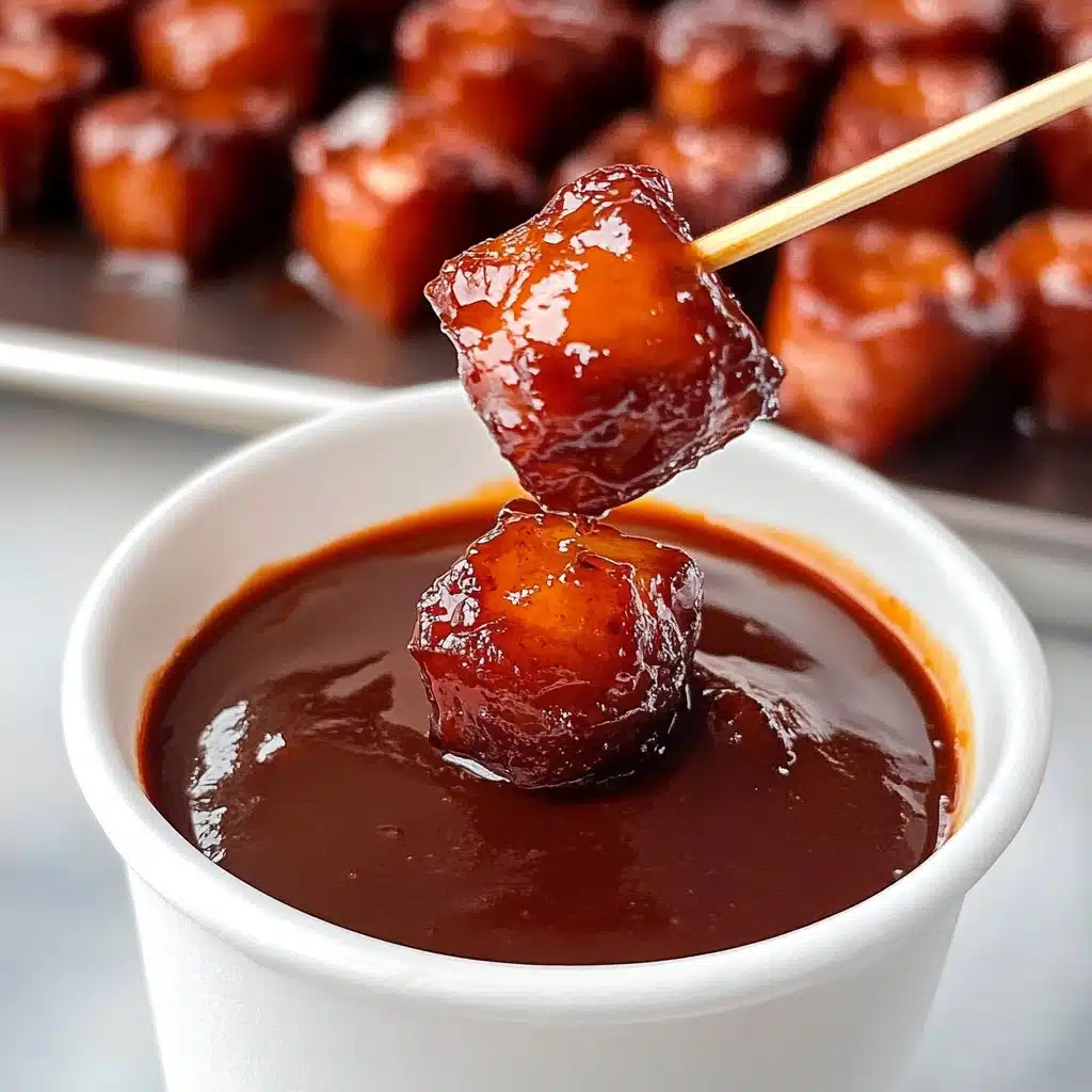 BBQ Sausage Bites, easy appetizer recipes, game day snacks, party appetizer ideas, savory sausage bites The image shows a white cup filled with smooth, dark brown sauce. On top of the sauce, there is a shiny, reddish-brown piece of food held by a toothpick. Around the cup, on a white plate with a white marbled texture background, there are more small shiny pieces of the same reddish-brown food, some with toothpicks stuck in them. In the background, there is a blurred silver tray containing more of the reddish-brown pieces. The lighting highlights the glossy texture of the sauce and the food.