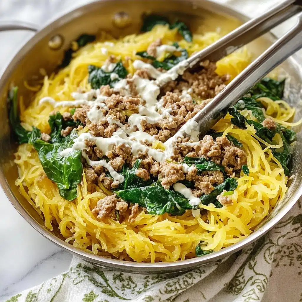 Spaghetti Squash Casserole Ground Turkey Spinach Gruyere, healthy spaghetti squash casserole with ground turkey and cheese, easy low-carb casserole with spinach and turkey, comforting baked spaghetti squash dish, wholesome gluten-free turkey spinach casserole The image shows a baked dish in a white oval casserole dish filled with a creamy mixture topped with golden brown crispy bits scattered evenly and garnished with small sprigs of green herbs. The creamy layer beneath the topping looks smooth and slightly bubbly, with hints of melted cheese visible. The casserole dish sits on a white marbled surface with a light patterned beige and white cloth underneath. A silver spoon rests on the right side of the dish, adding a touch of shine to the scene.