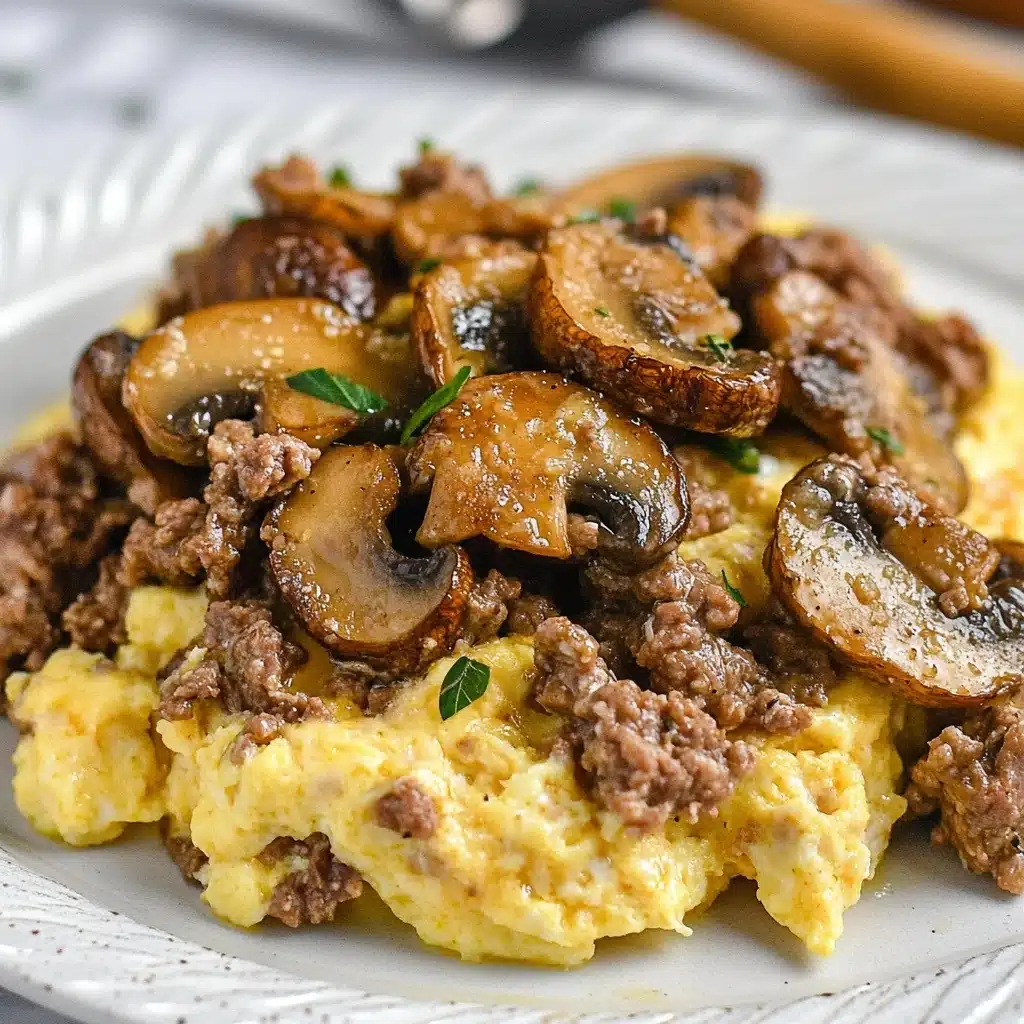 Hamburger Mushroom Bake, hearty beef mushroom casserole, creamy cheesy beef bake, easy mushroom beef casserole, comfort food dinner ideas The dish shows a single white plate with a serving of scrambled eggs mixed with browned pieces of meat, topped with sautéed golden-brown mushroom slices that have bright green herbs scattered on them. The eggs are yellow and soft, mixed closely with the meat chunks that are darker brown and slightly crumbly. The mushrooms on top have a shiny texture with a light sprinkle of grated cheese or seasoning, adding a small white contrast. The plate sits on a wooden board over a white marbled surface, and a fork with a wooden handle is blurred in the background.
