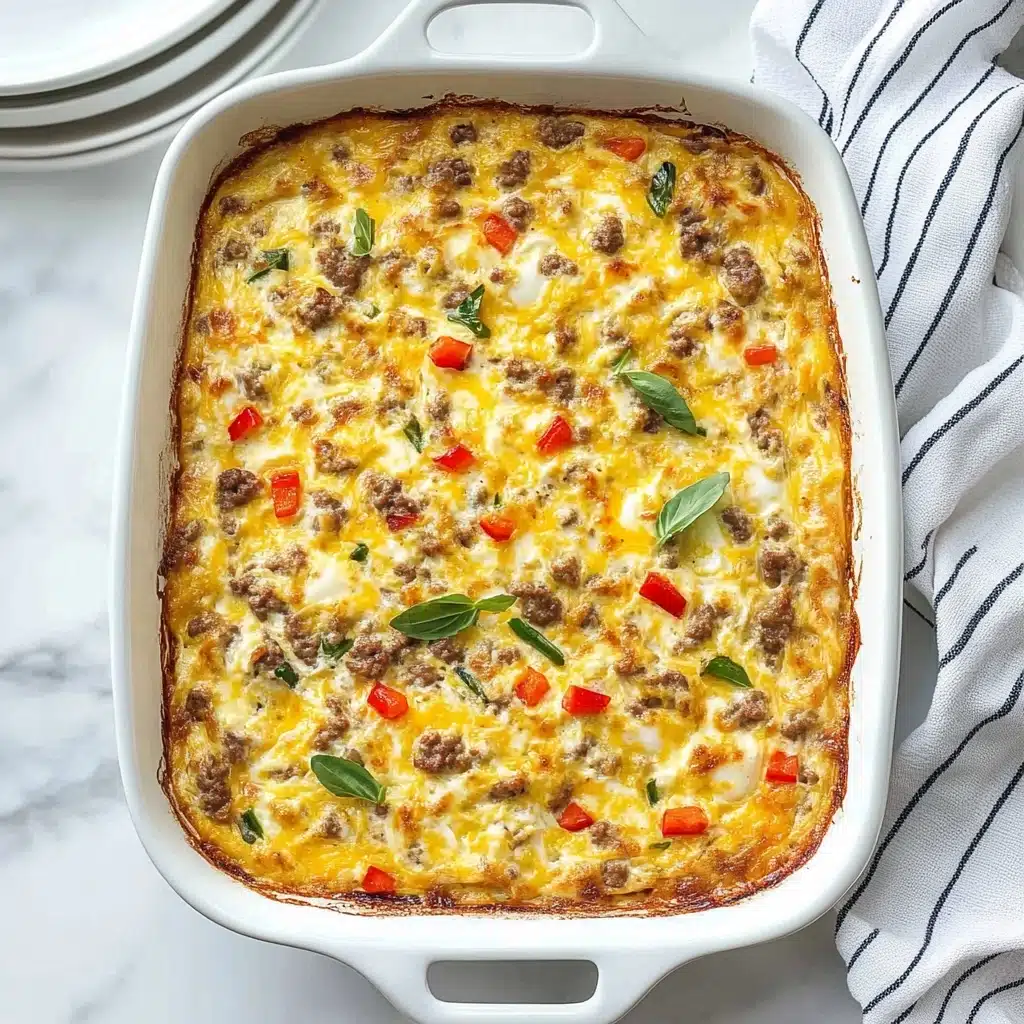 Sausage Hashbrown Breakfast Casserole, breakfast casserole with sausage and hashbrowns, savory breakfast bake, easy breakfast casserole recipe, make-ahead breakfast ideas A white baking dish with two handles holds a baked egg casserole that looks soft and thick. The top layer is a mix of yellow melted cheese, light yellow cooked eggs, small bits of brown ground meat, bright red small pieces of bell pepper, and thin green leaves scattered evenly. The edges have a slight brown crisp showing it was baked well. The dish rests on a white marbled surface with a folded striped cloth partially visible on the right side and some stacked white plates blurred on the left.