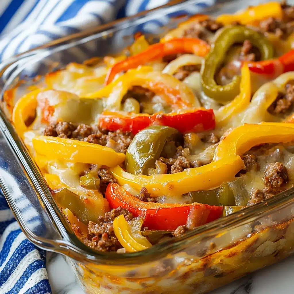 Southern Five Layer Beef Casserole, hearty beef casserole, layered casserole recipe, comfort food dinner, easy Southern beef casserole A glass rectangular baking dish holds a layered casserole placed on a white marbled surface. On the bottom is a soft, light orange cheese or sauce layer. Above that are cooked ground meat pieces scattered unevenly with chunks of cooked onions. The top layer features colorful rings of red and yellow bell peppers along with slices of green peppers, all looking tender and slightly shiny from cooking. The edges of the casserole show a golden crust forming from melted cheese or sauce. A blue and white striped cloth is partially visible in the background.